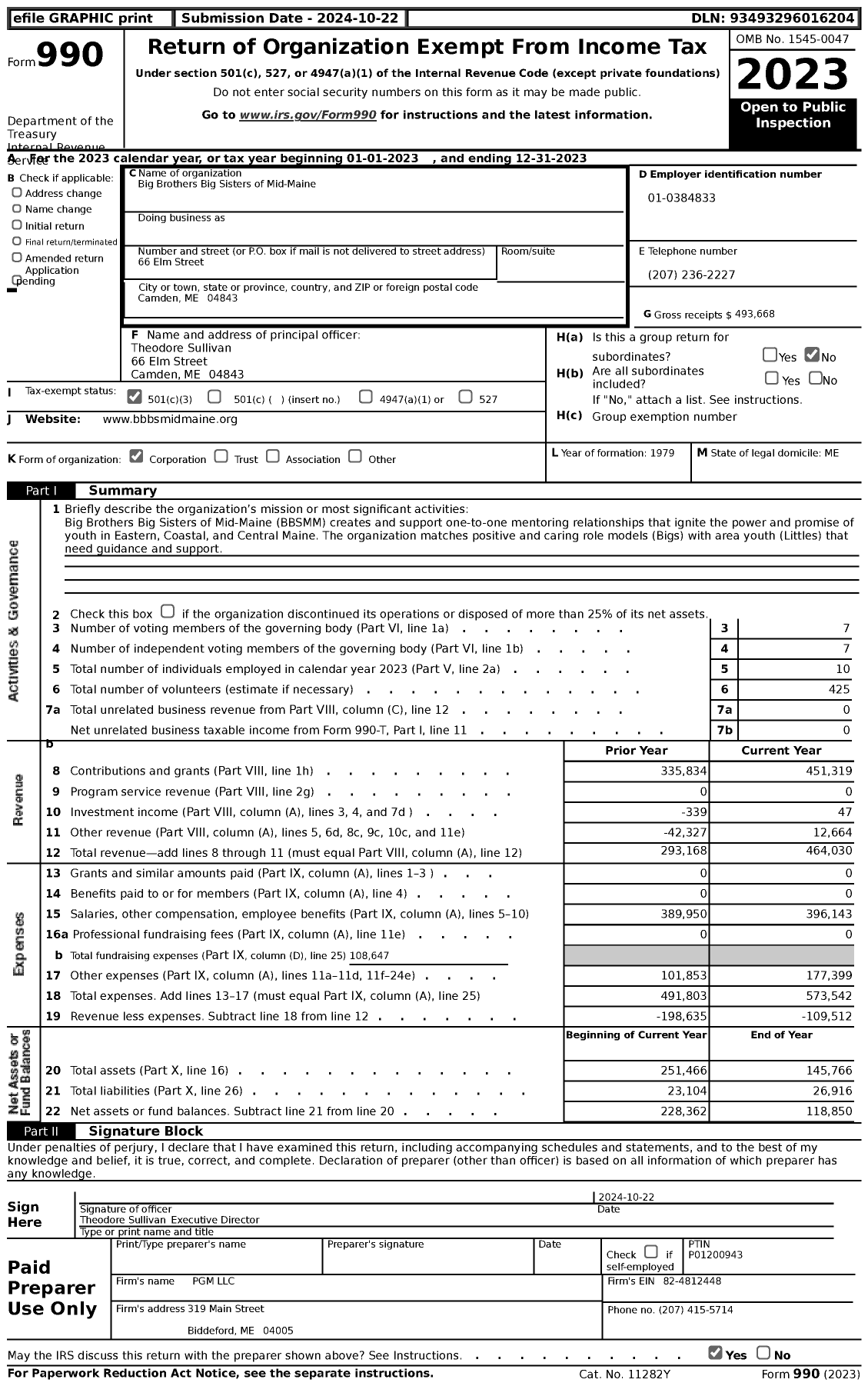 Image of first page of 2023 Form 990 for Big Brothers Big Sisters of Mid-Maine