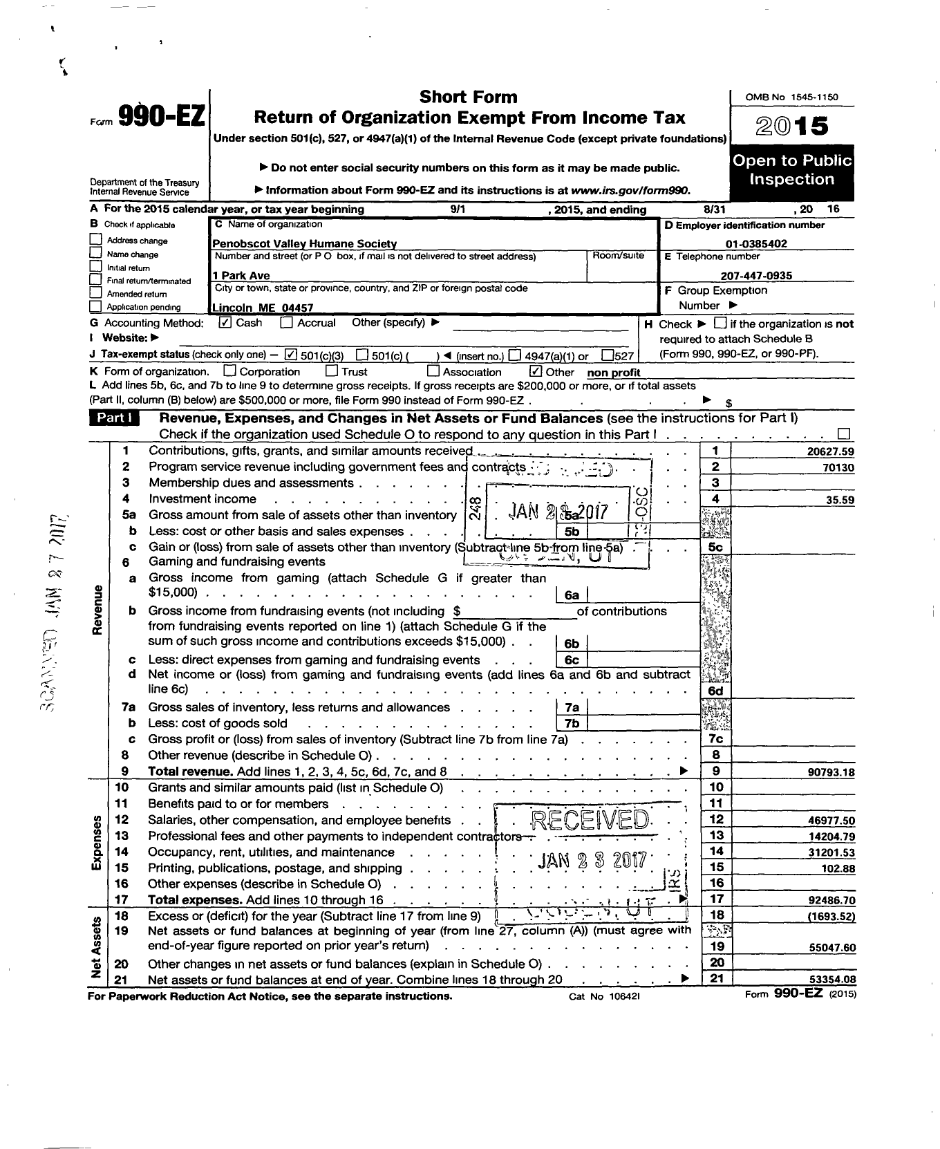 Image of first page of 2015 Form 990EZ for Penobscot Valley Humane Society