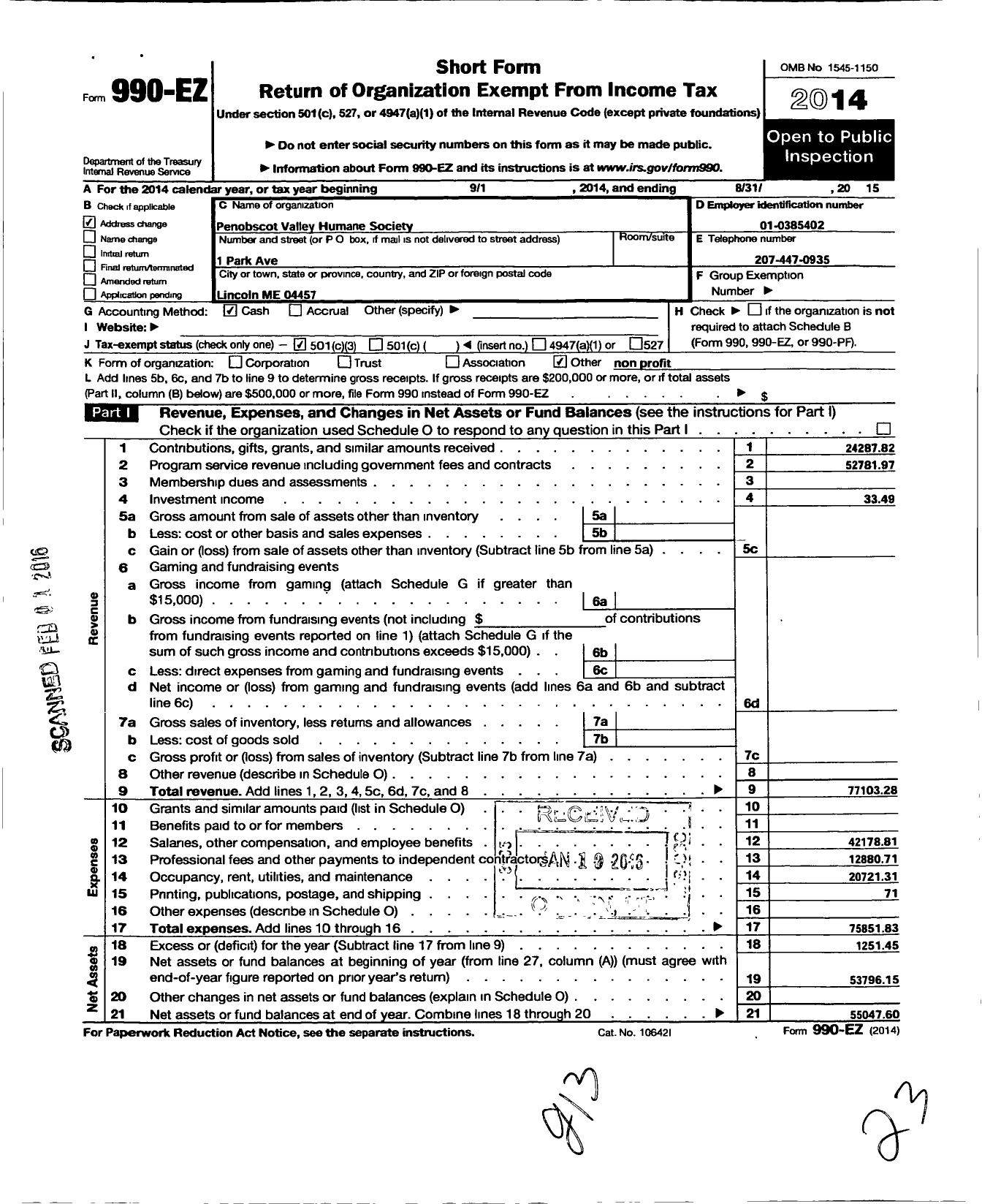 Image of first page of 2014 Form 990EZ for Penobscot Valley Humane Society