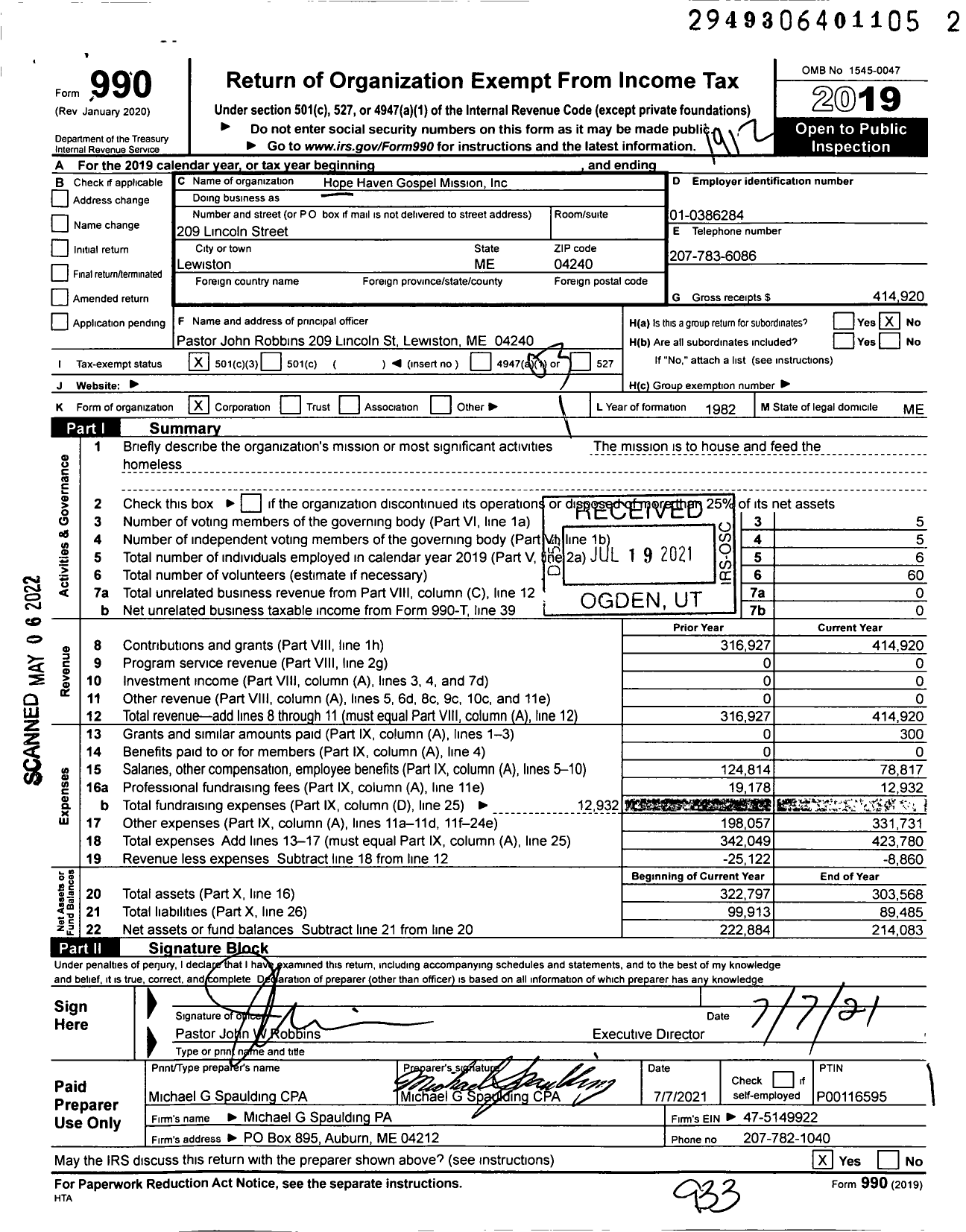 Image of first page of 2019 Form 990 for Hope Haven Gospel Mission