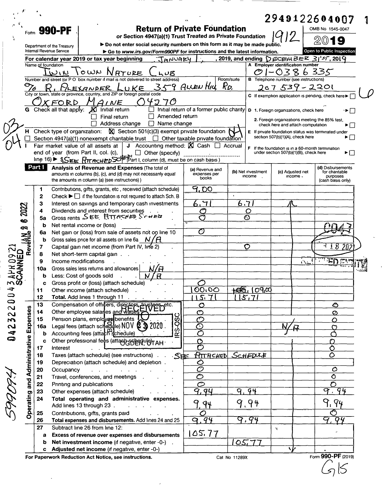 Image of first page of 2019 Form 990PF for Twin Town Nature Club