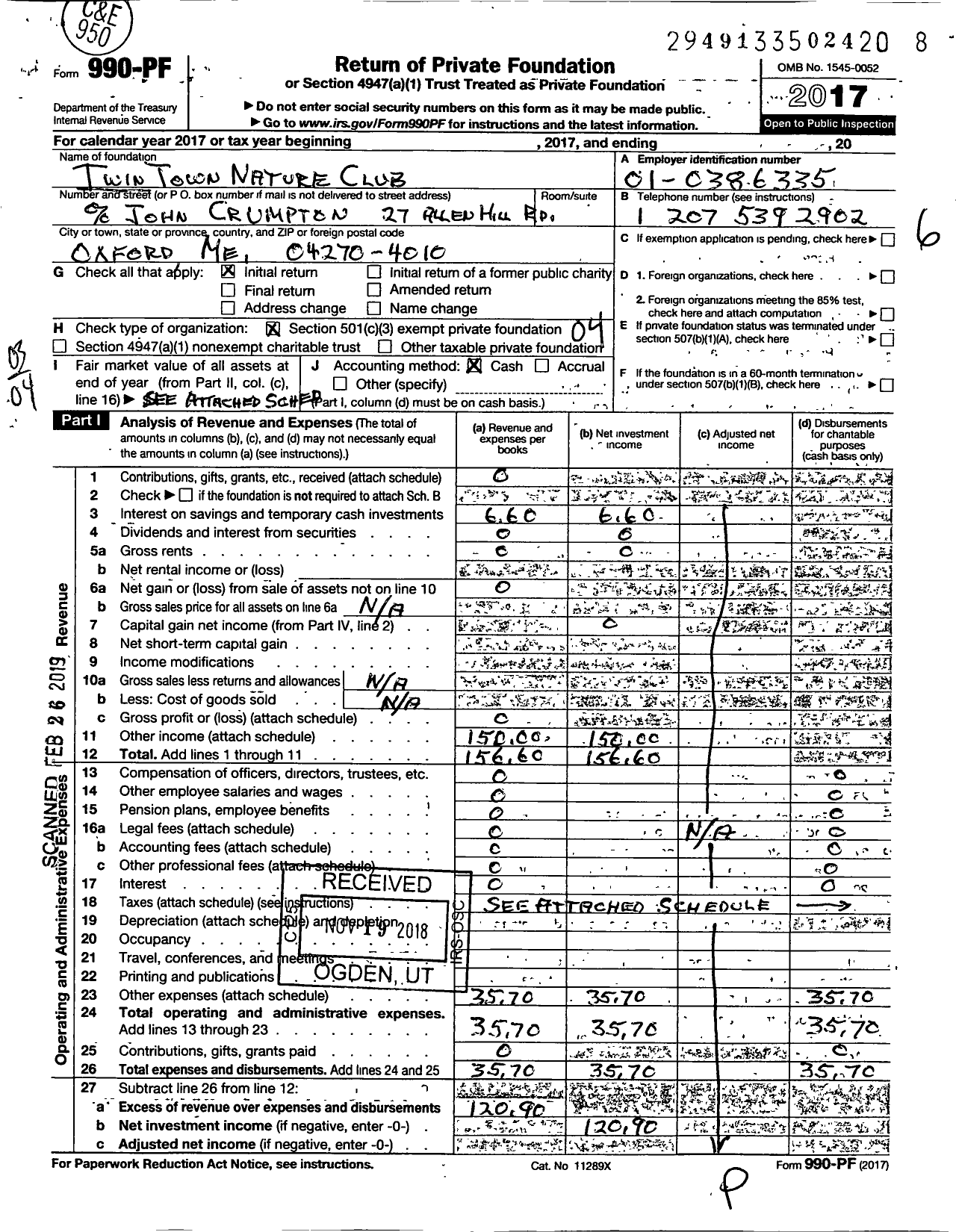 Image of first page of 2017 Form 990PF for Twin Town Nature Club