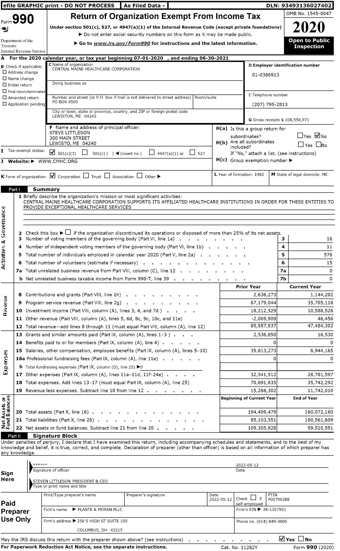 Image of first page of 2020 Form 990 for Central Maine Healthcare Corporation (CMHC)