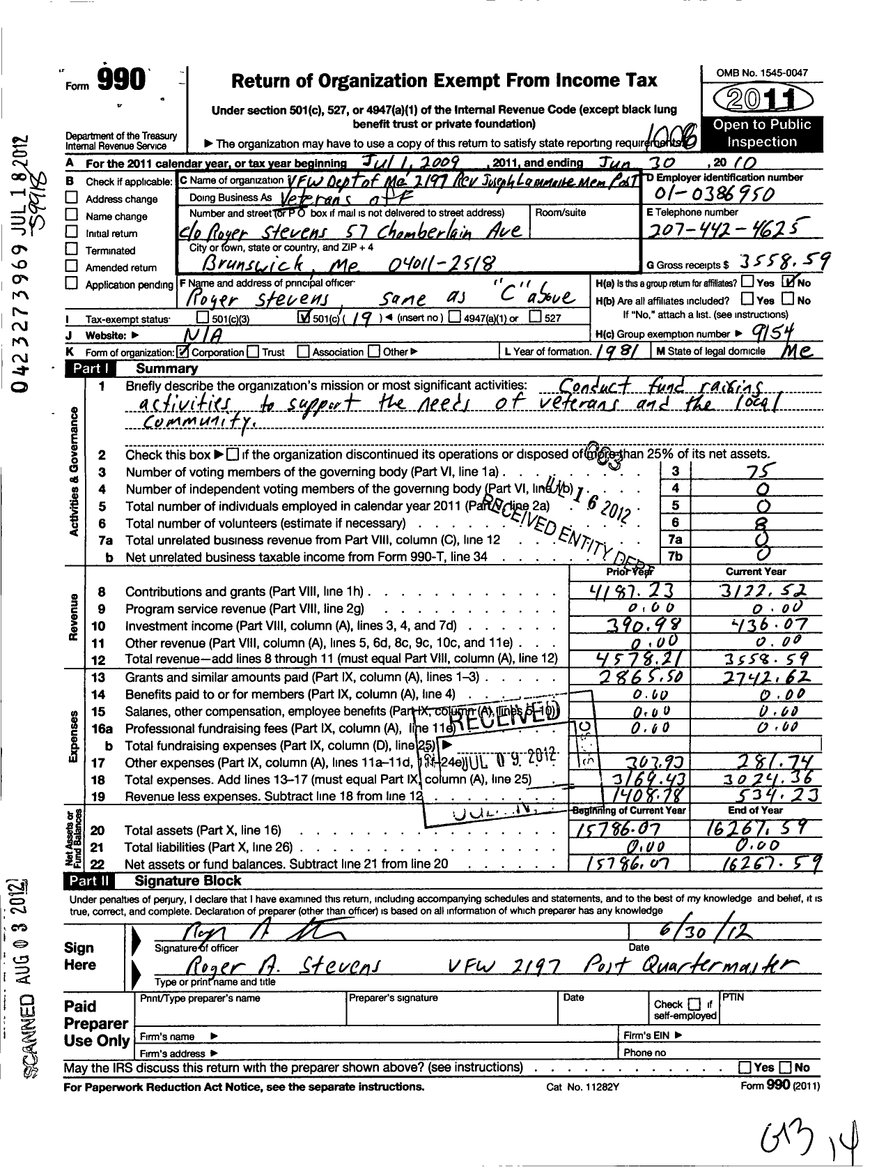 Image of first page of 2009 Form 990O for Veterans of Foreign Wars of the United States Dept of Maine - 2197 Rev Joseph Lammarre Mem Post