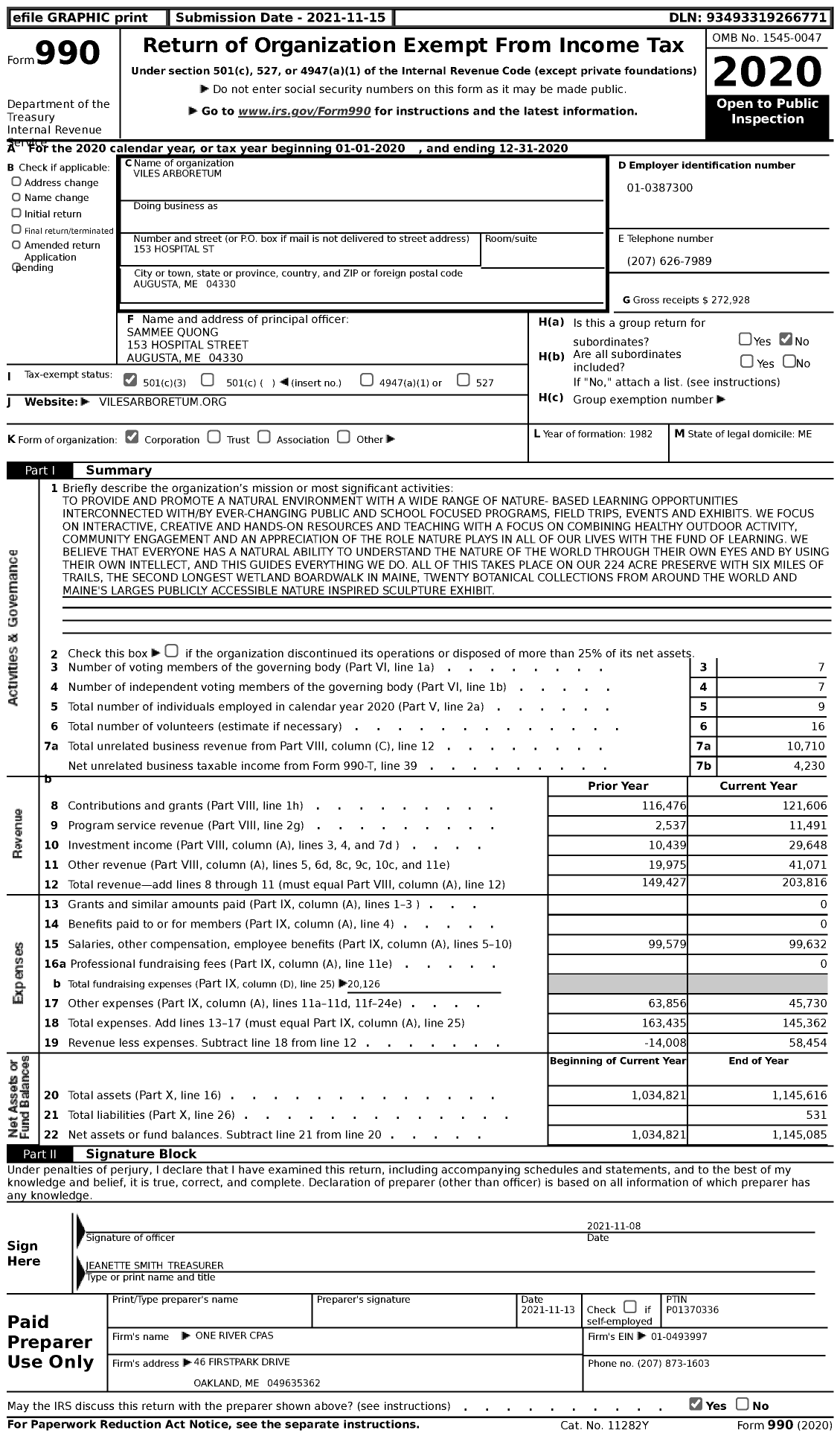Image of first page of 2020 Form 990 for Viles Arboretum