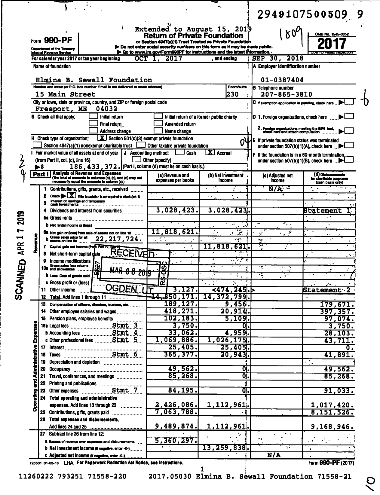 Image of first page of 2017 Form 990PF for Elmina B Sewall Foundation