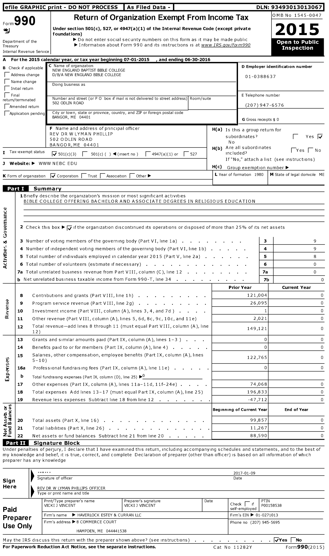 Image of first page of 2015 Form 990 for New England Baptist Bible College