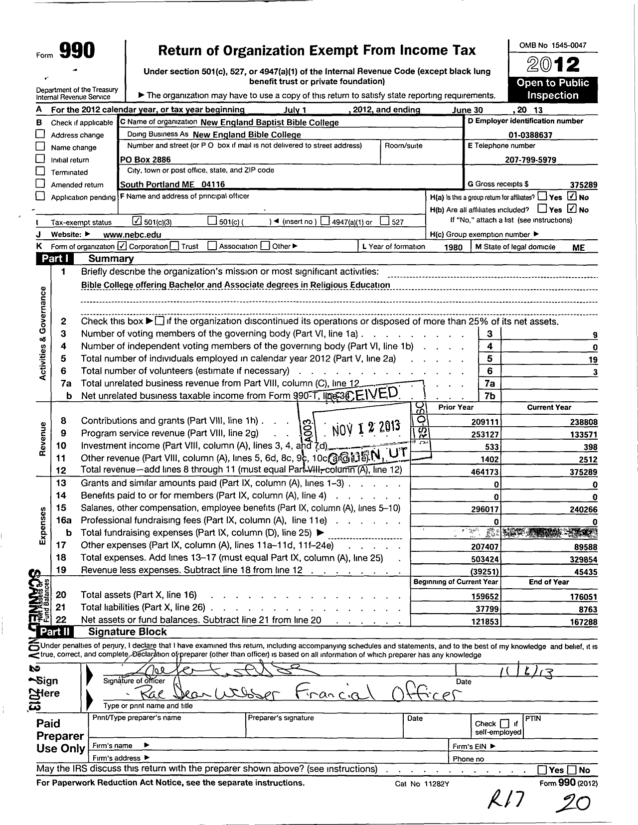 Image of first page of 2012 Form 990 for New England Baptist Bible College