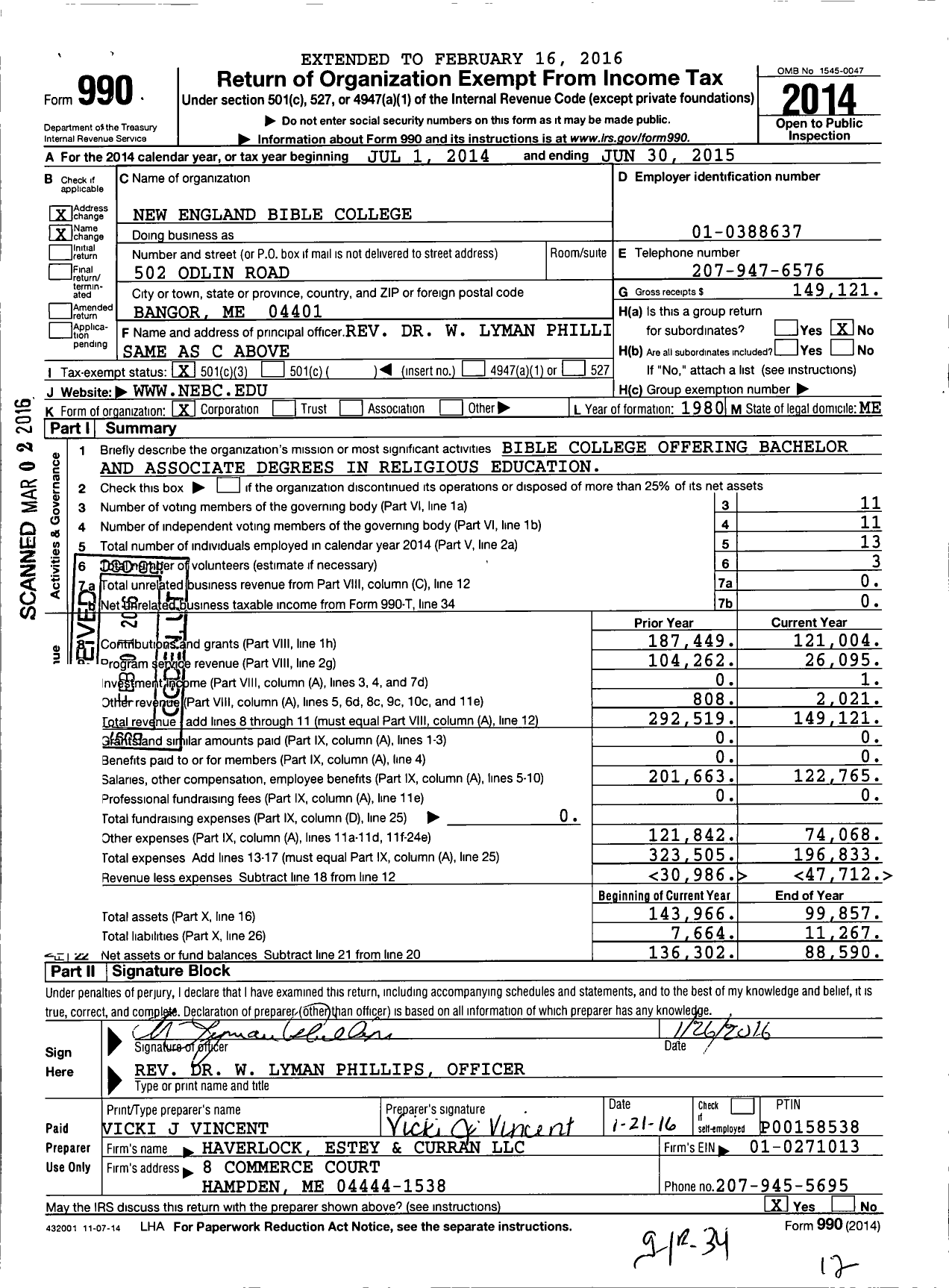 Image of first page of 2014 Form 990 for New England Baptist Bible College