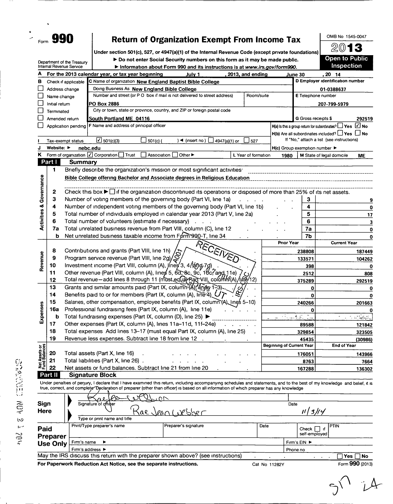 Image of first page of 2013 Form 990 for New England Baptist Bible College