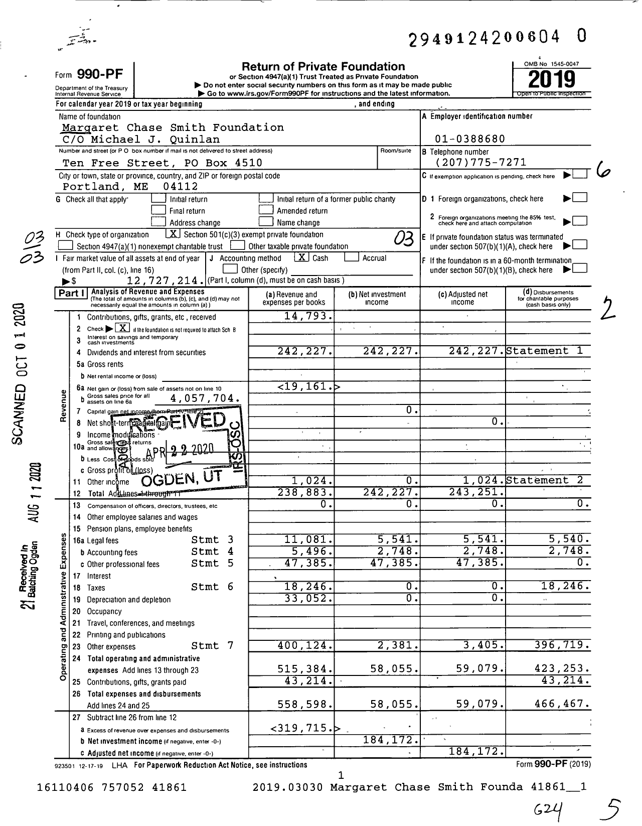 Image of first page of 2019 Form 990PR for Margaret Chase Smith Foundation