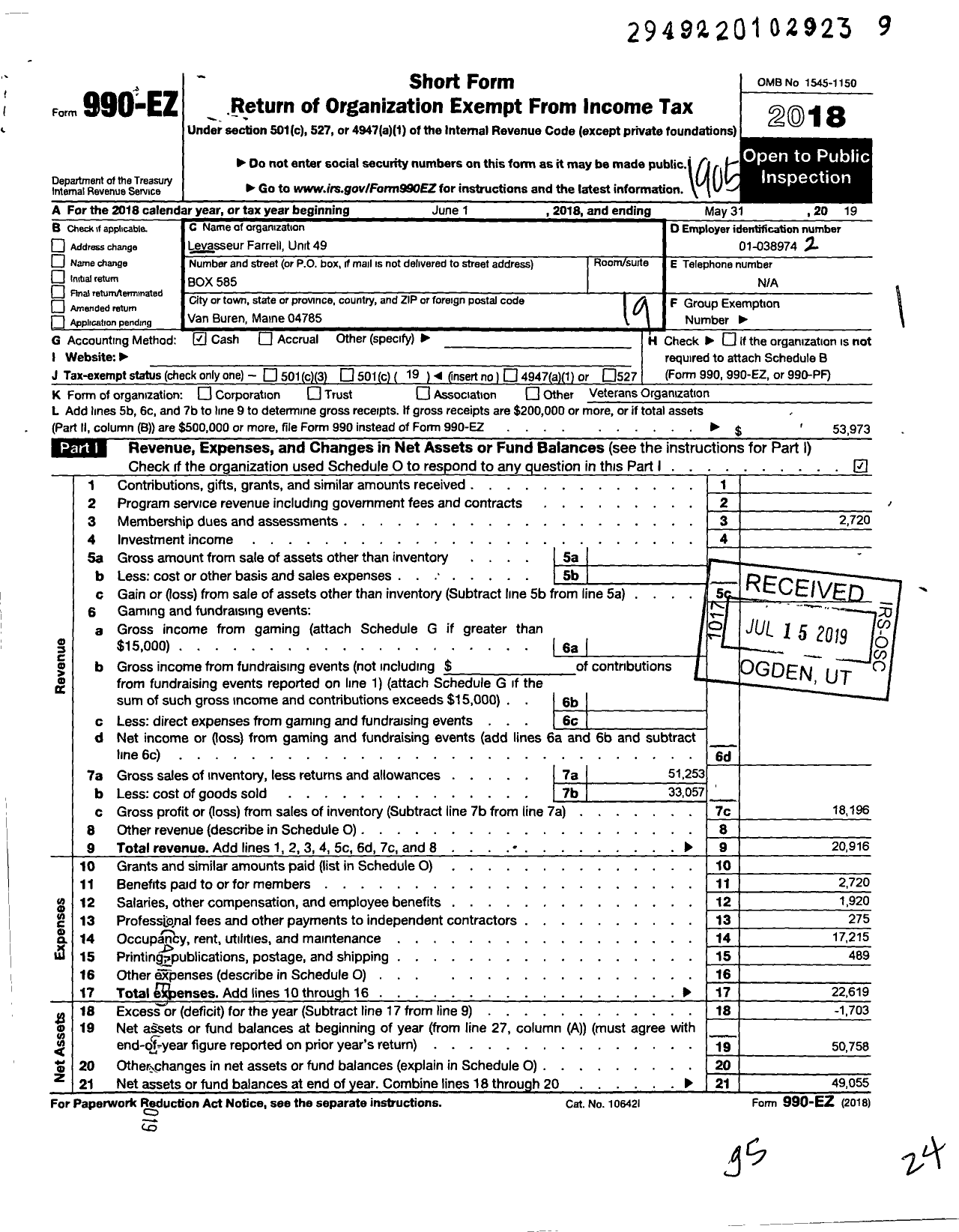 Image of first page of 2018 Form 990EO for American Legion Auxiliary - 49 Levasseur-Farrell