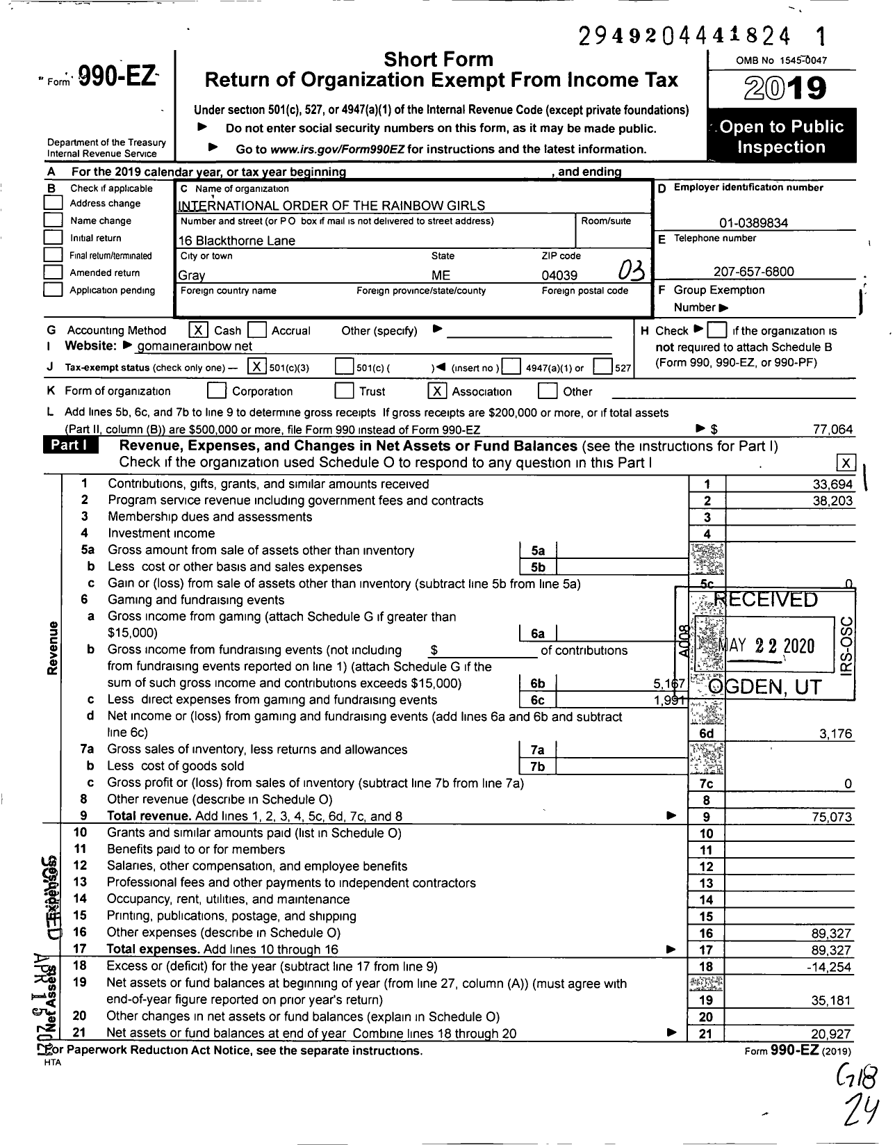 Image of first page of 2019 Form 990EZ for International Order of the Rainbow Girls - 11 Maine Grand Assembly