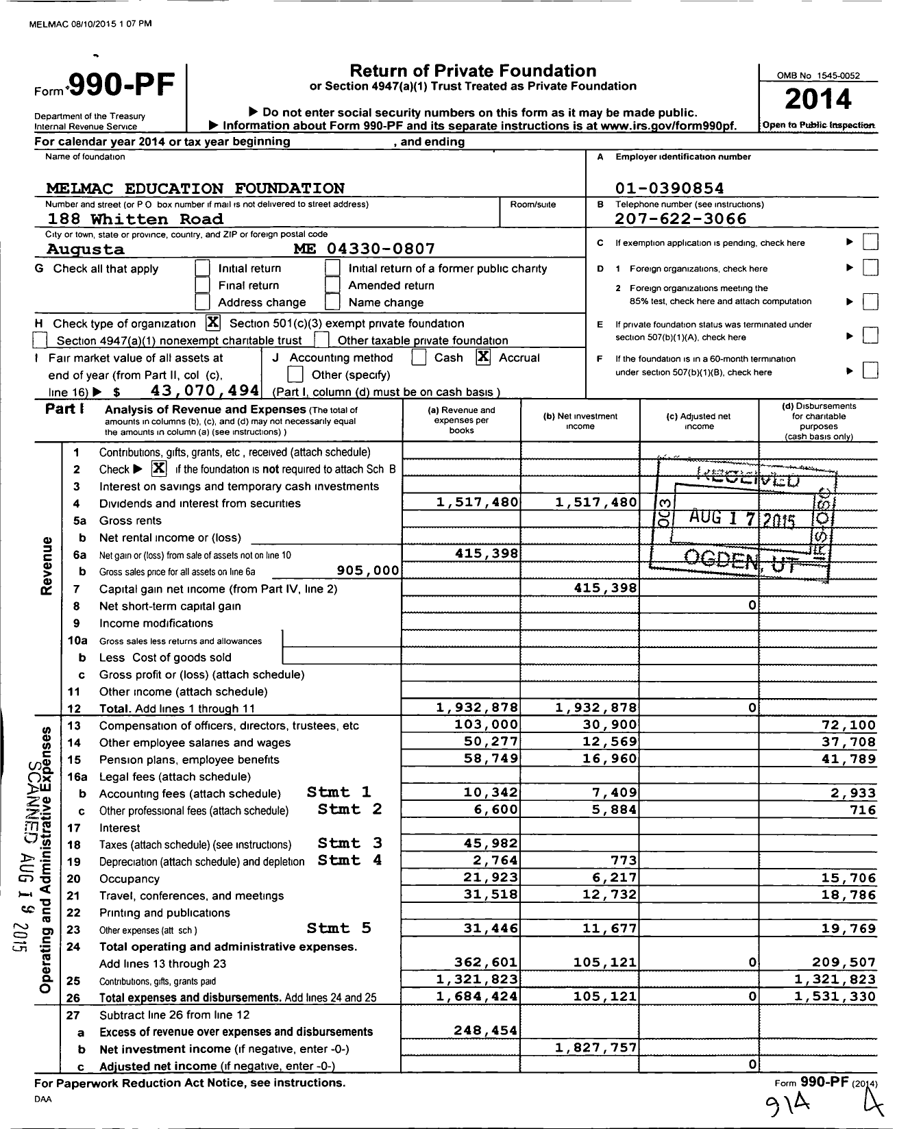 Image of first page of 2014 Form 990PF for Melmac Education Foundation