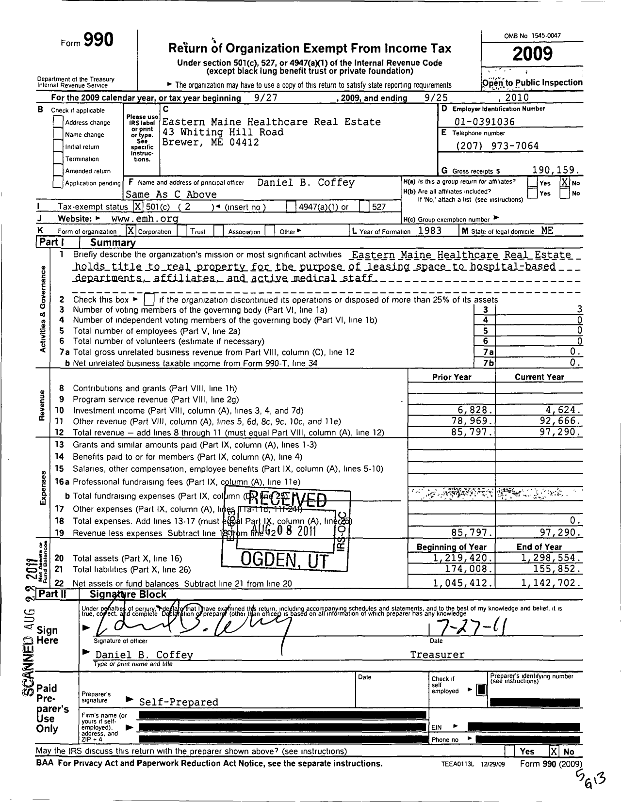 Image of first page of 2009 Form 990O for Eastern Maine Healthcare Real Estate