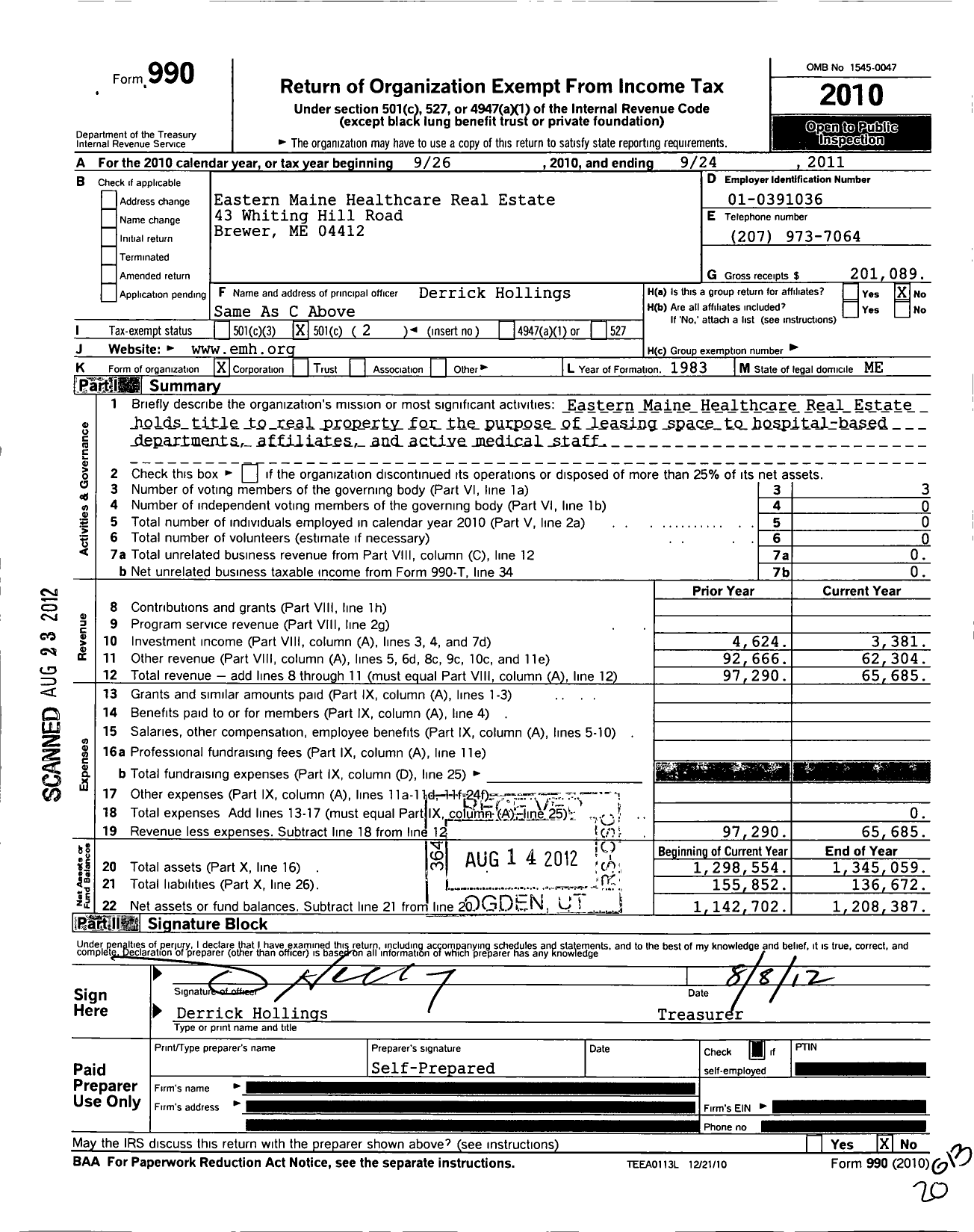 Image of first page of 2010 Form 990O for Eastern Maine Healthcare Real Estate