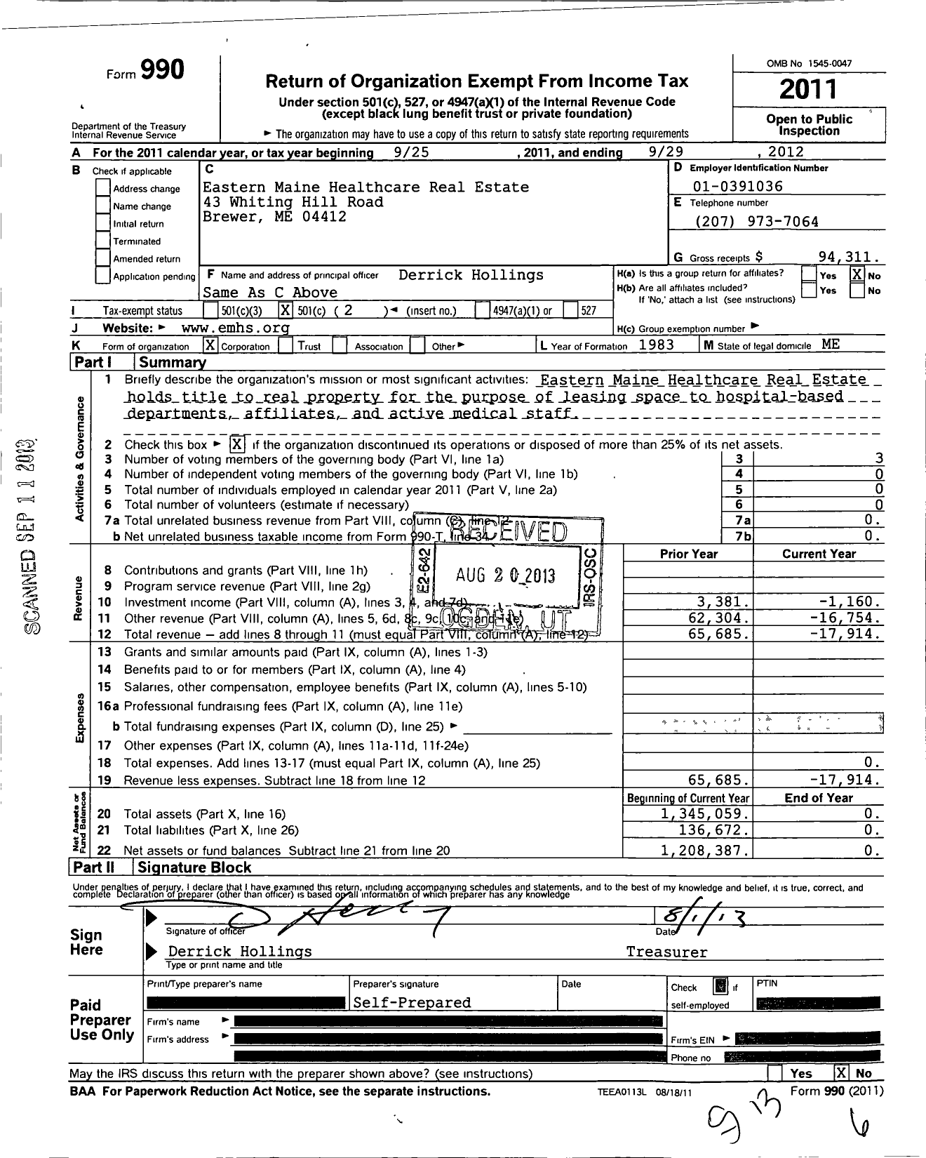 Image of first page of 2011 Form 990O for Eastern Maine Healthcare Real Estate