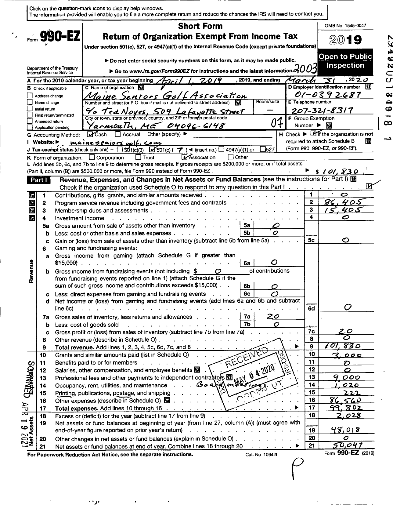 Image of first page of 2019 Form 990EO for Maine Seniors Golf Association