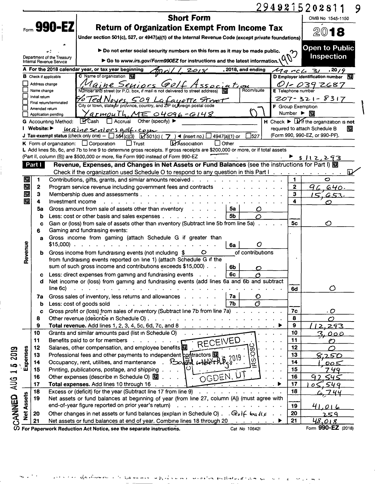 Image of first page of 2018 Form 990EO for Maine Seniors Golf Association