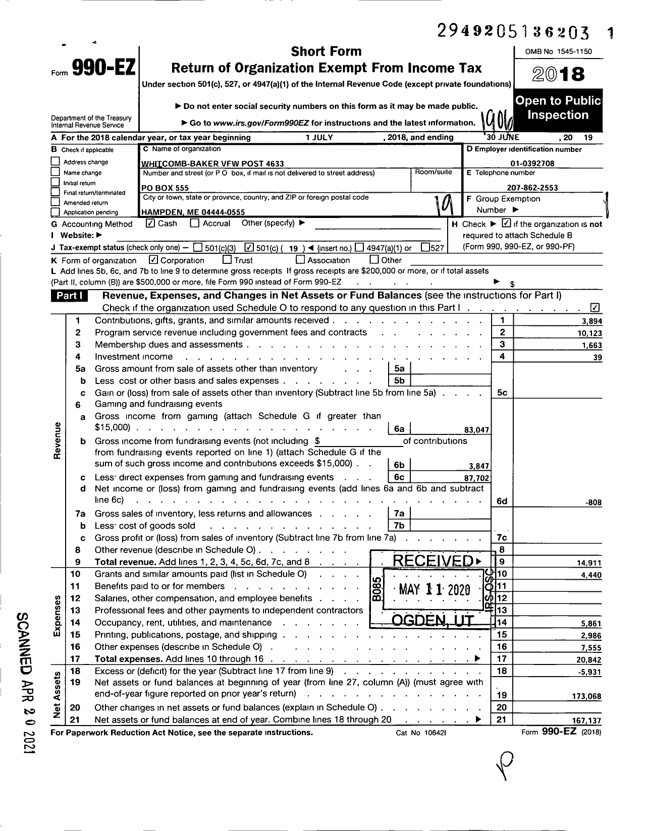 Image of first page of 2018 Form 990EO for Veterans of Foreign Wars of the United States Department of Maine - 4633 Whitcomb-Baker Post