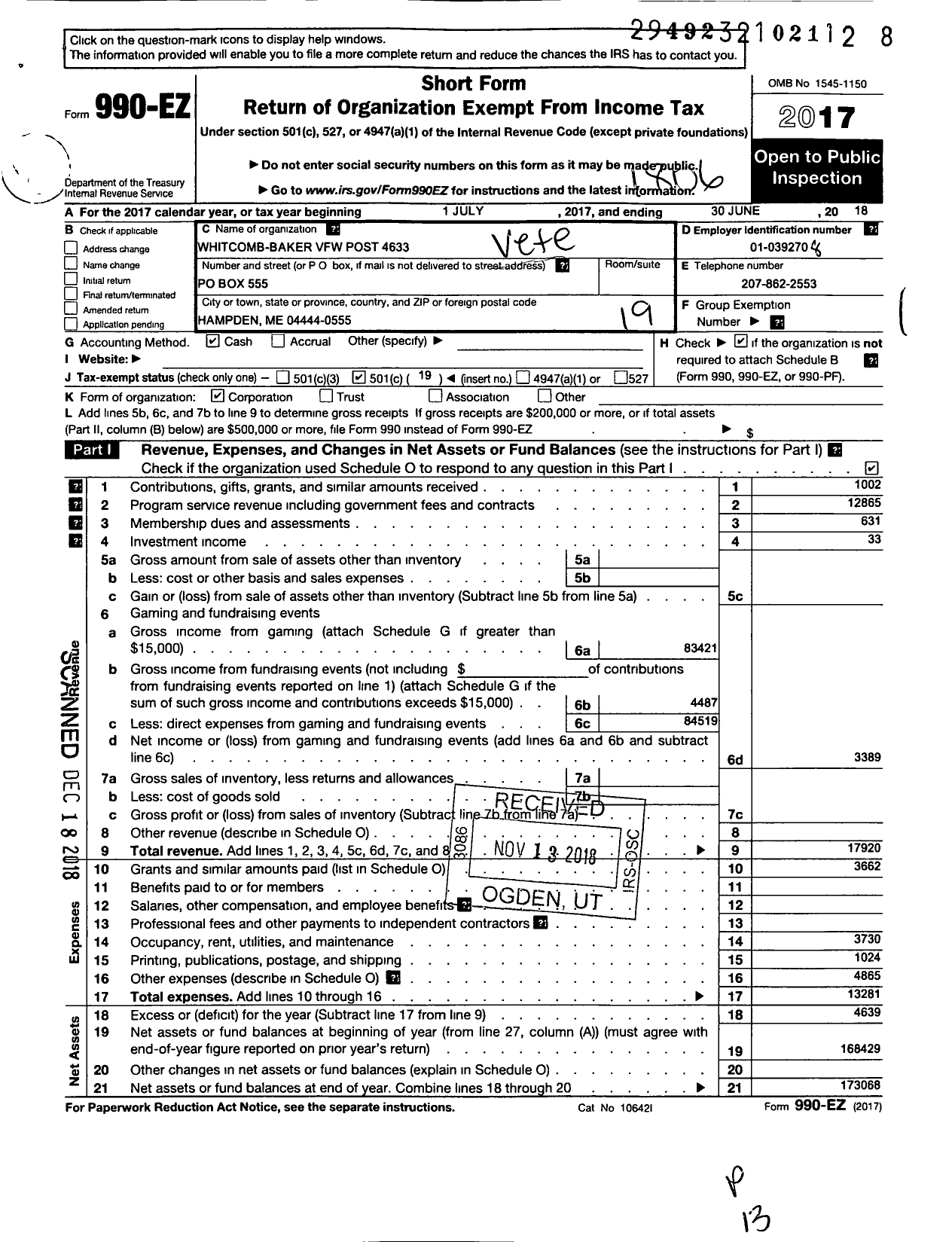 Image of first page of 2017 Form 990EO for Veterans of Foreign Wars of the United States Department of Maine - 4633 Whitcomb-Baker Post