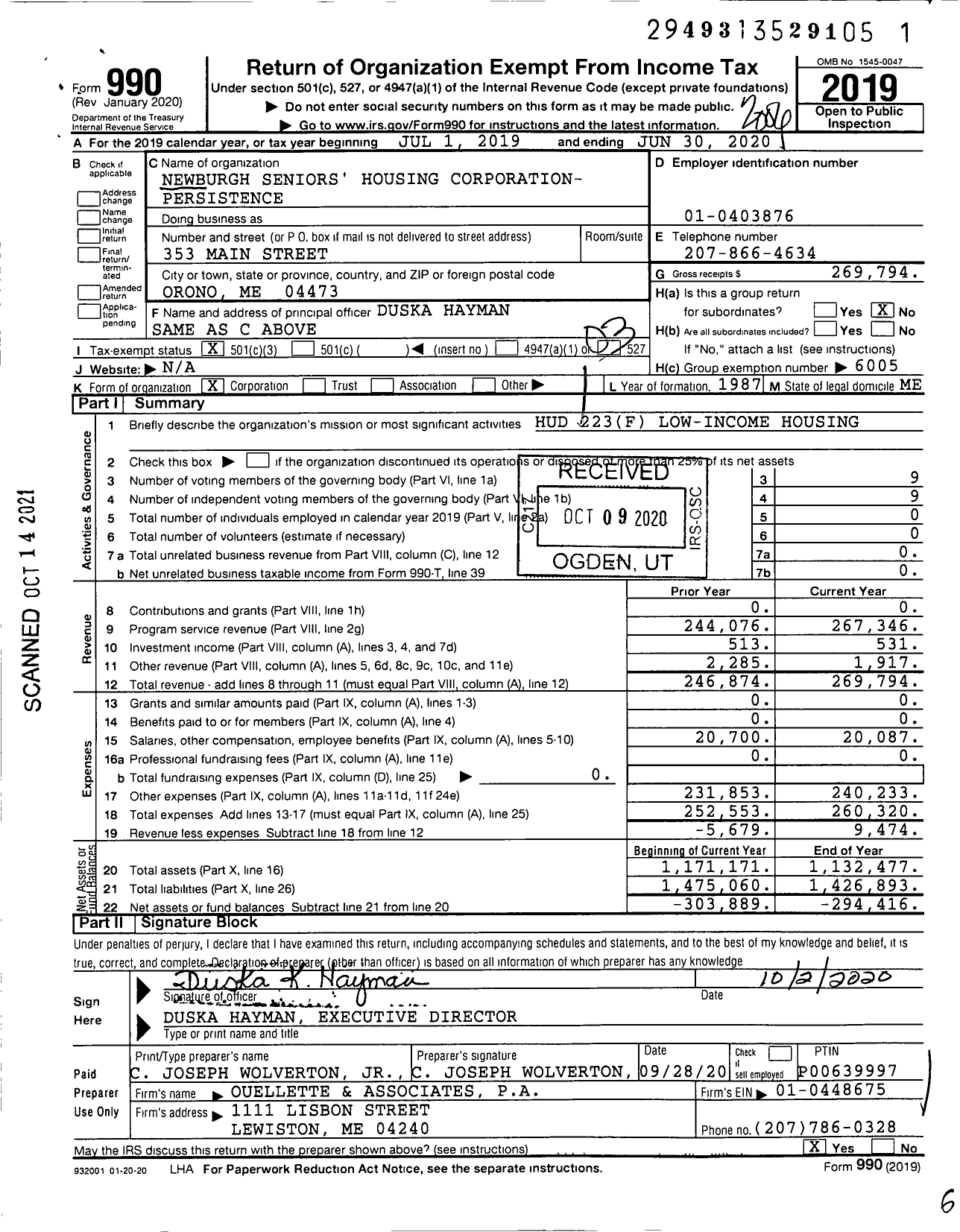 Image of first page of 2019 Form 990 for Newburgh Seniors' Housing Corporation- Persistence