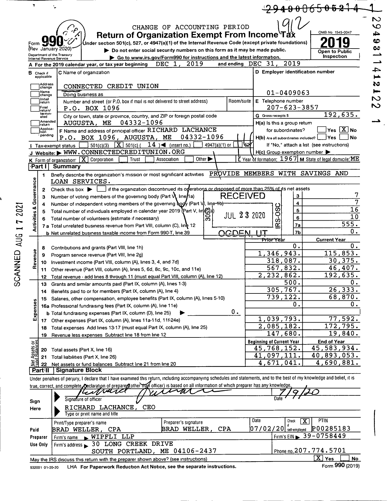 Image of first page of 2019 Form 990O for Connected Credit Union