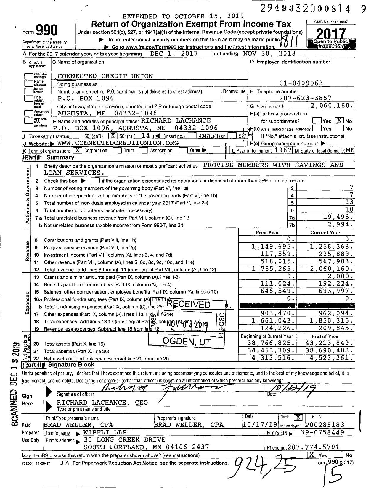 Image of first page of 2017 Form 990O for Connected Credit Union