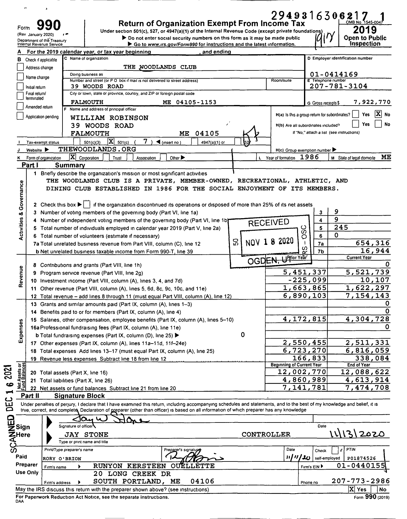 Image of first page of 2019 Form 990O for Woodlands Club