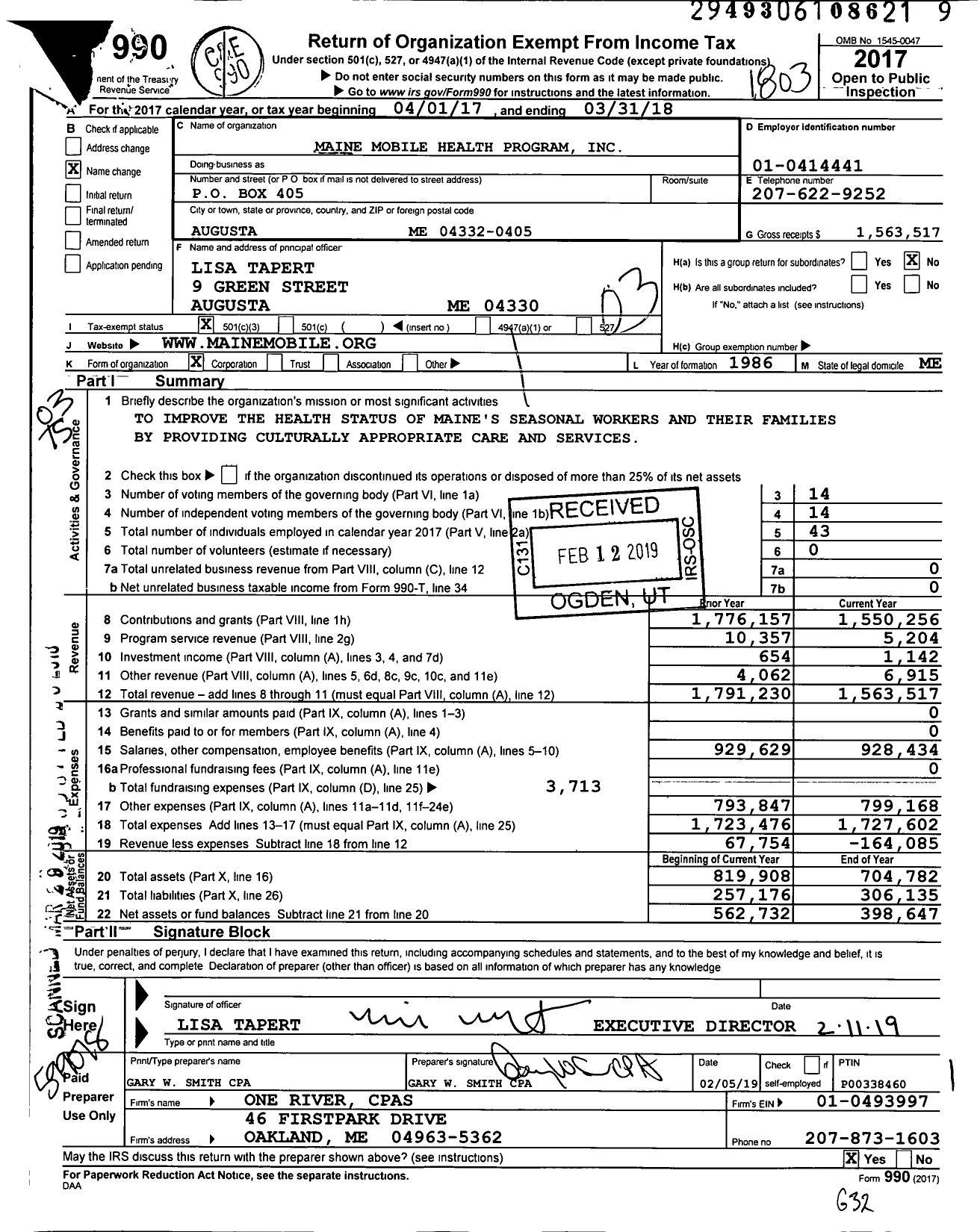 Image of first page of 2017 Form 990 for Maine Mobile Health Program