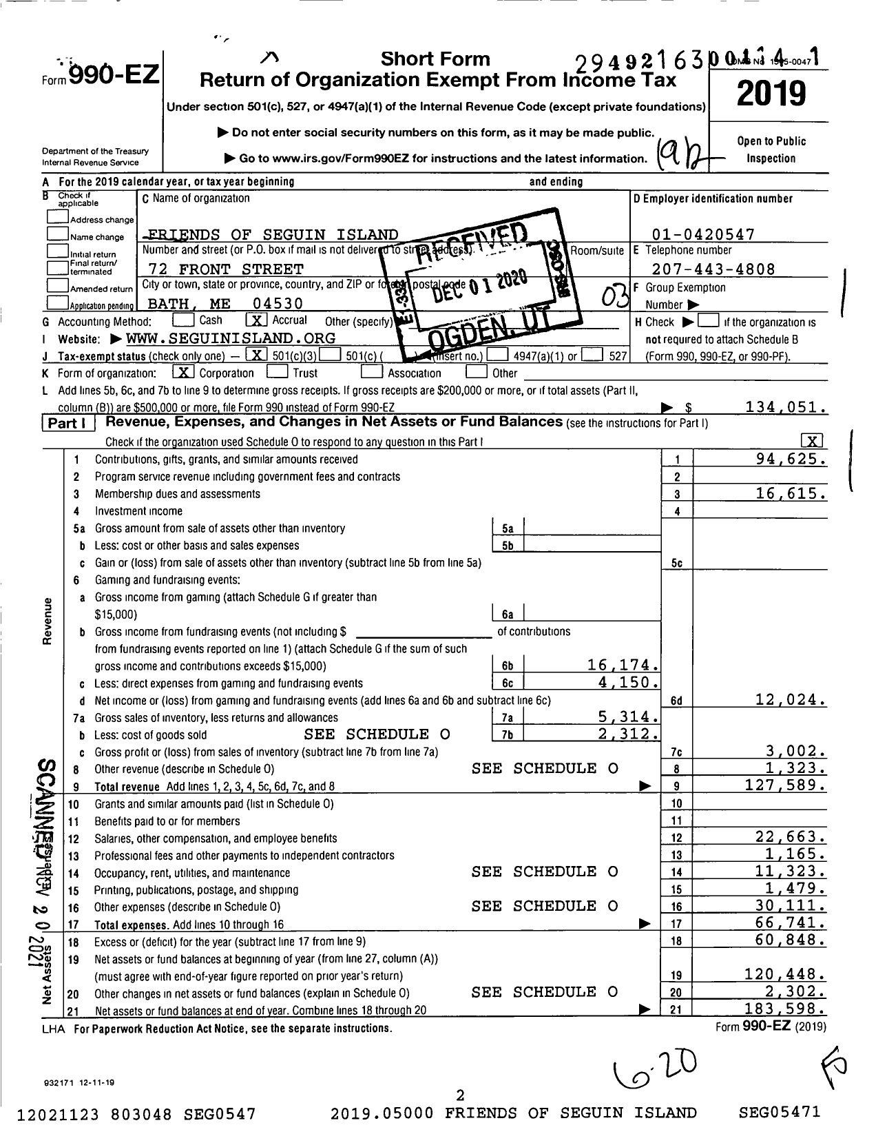 Image of first page of 2019 Form 990EZ for Friends of Seguin Island Light Station