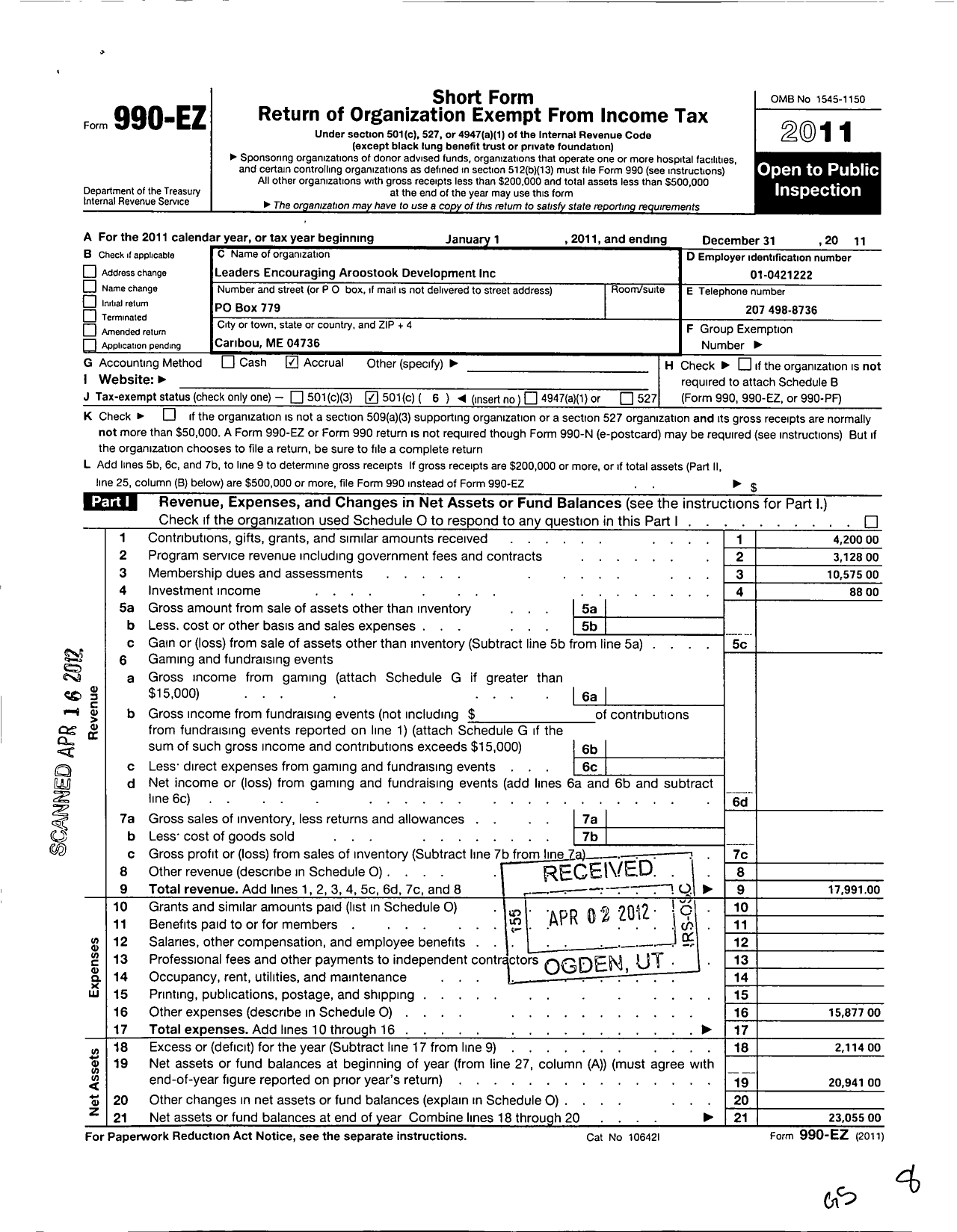 Image of first page of 2011 Form 990EO for Aroostook Partnership