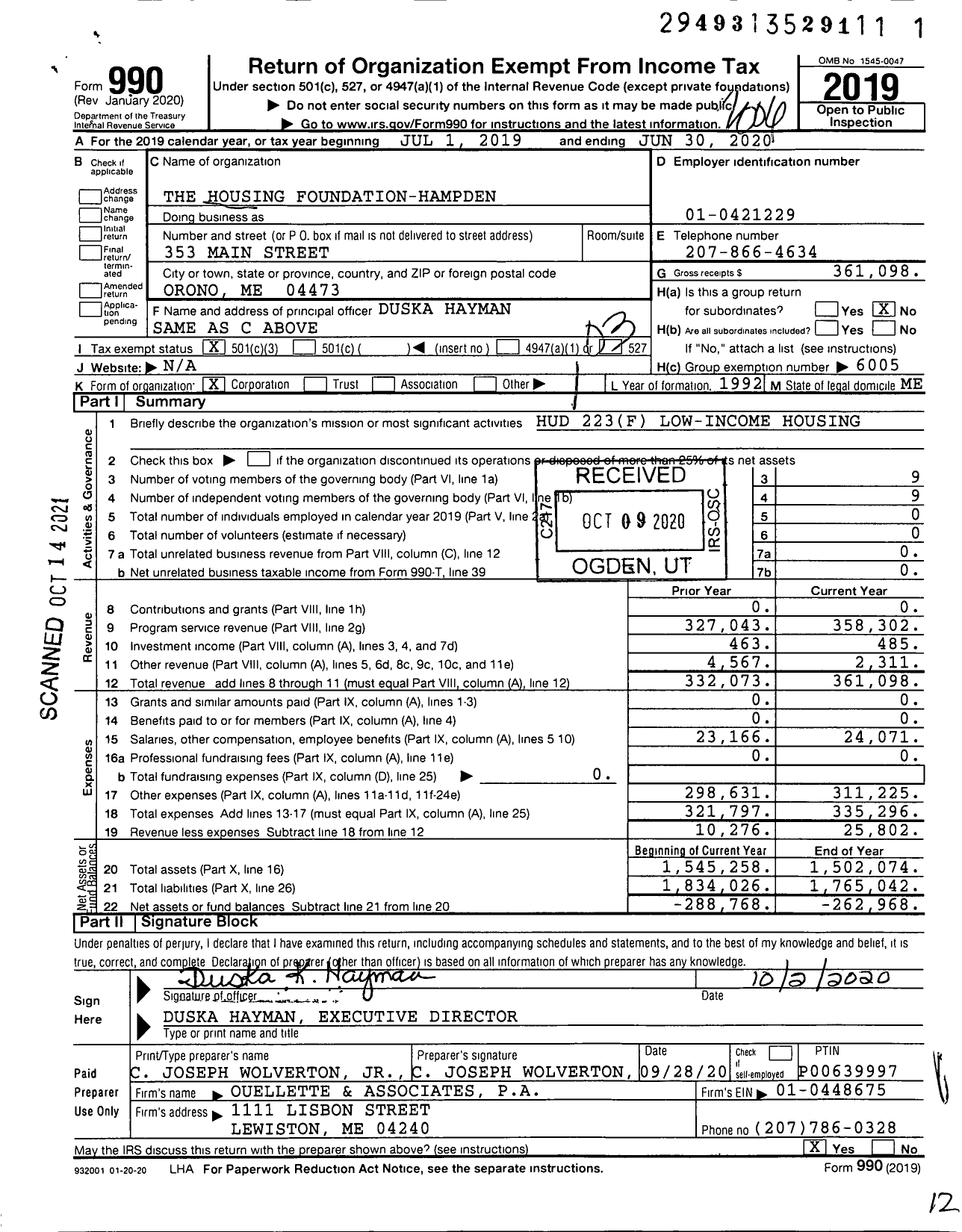 Image of first page of 2019 Form 990 for The Housing Foundation-Hampden