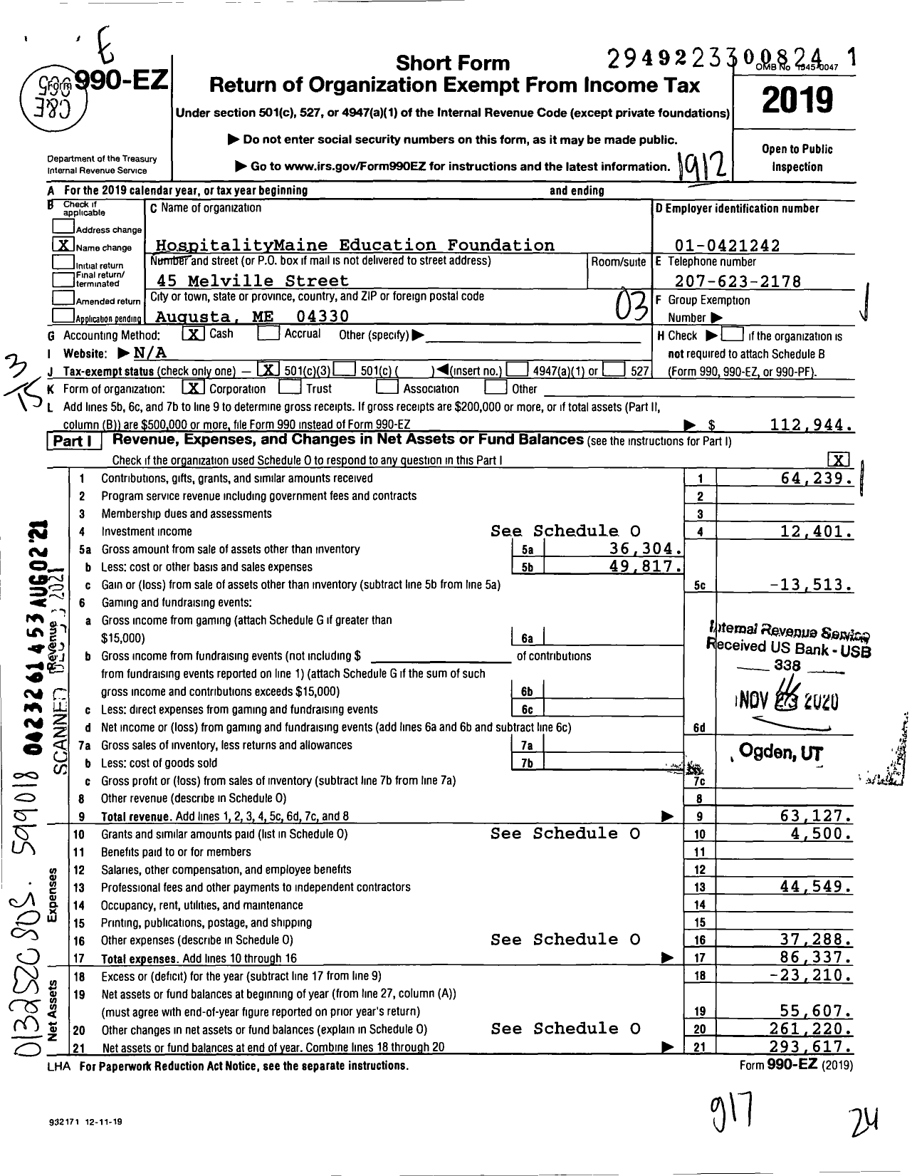 Image of first page of 2019 Form 990EZ for Hospitality Maine Education Foundation