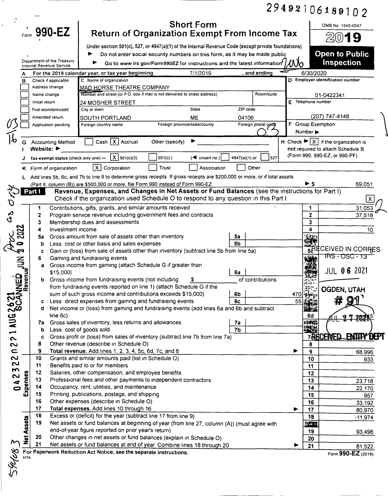 Image of first page of 2019 Form 990EZ for Mad Horse Theatre Company