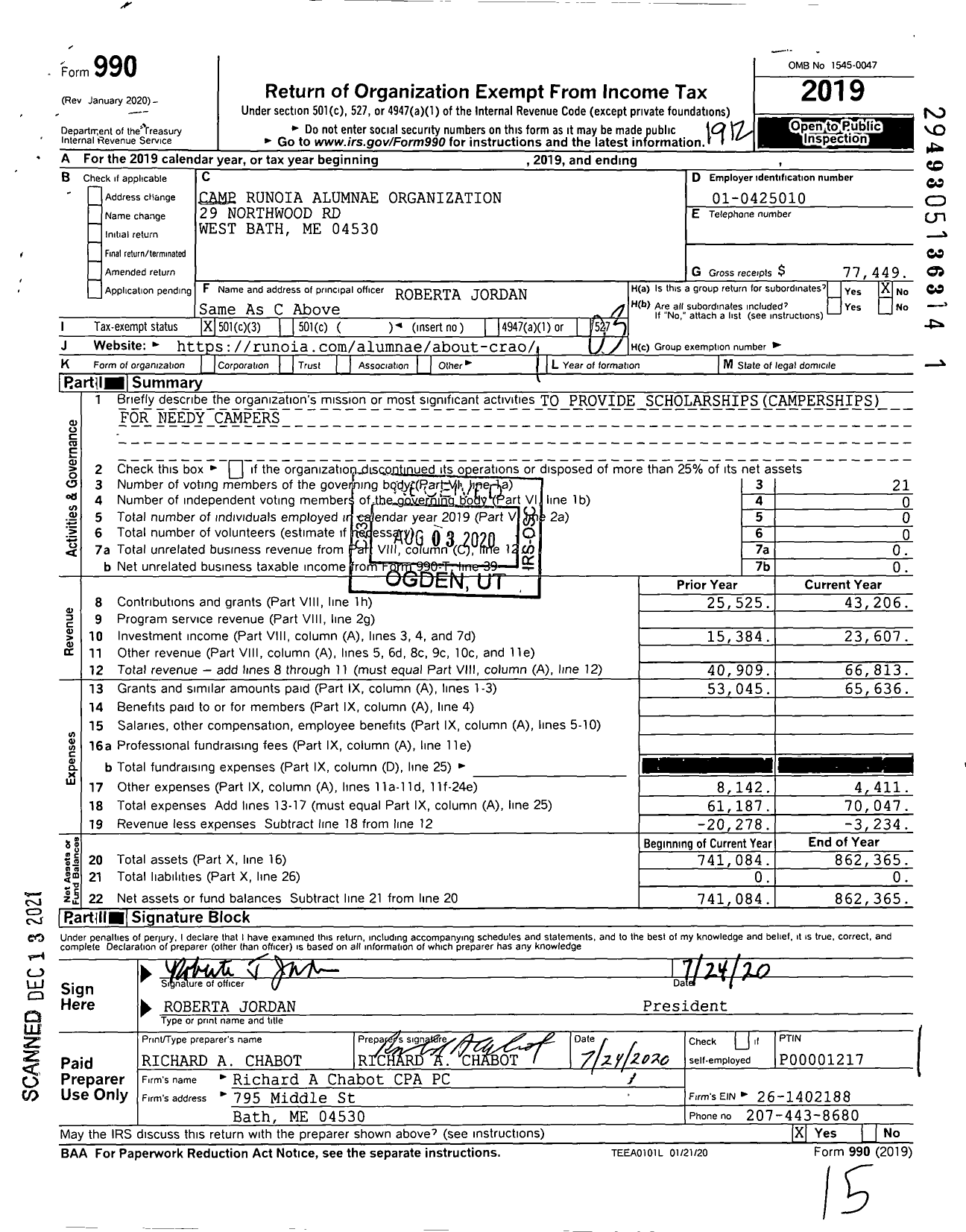 Image of first page of 2019 Form 990 for Camp Runoia Alumnae Organization