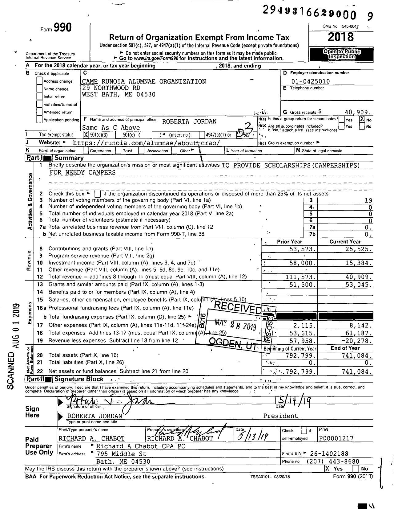 Image of first page of 2018 Form 990 for Camp Runoia Alumnae Organization