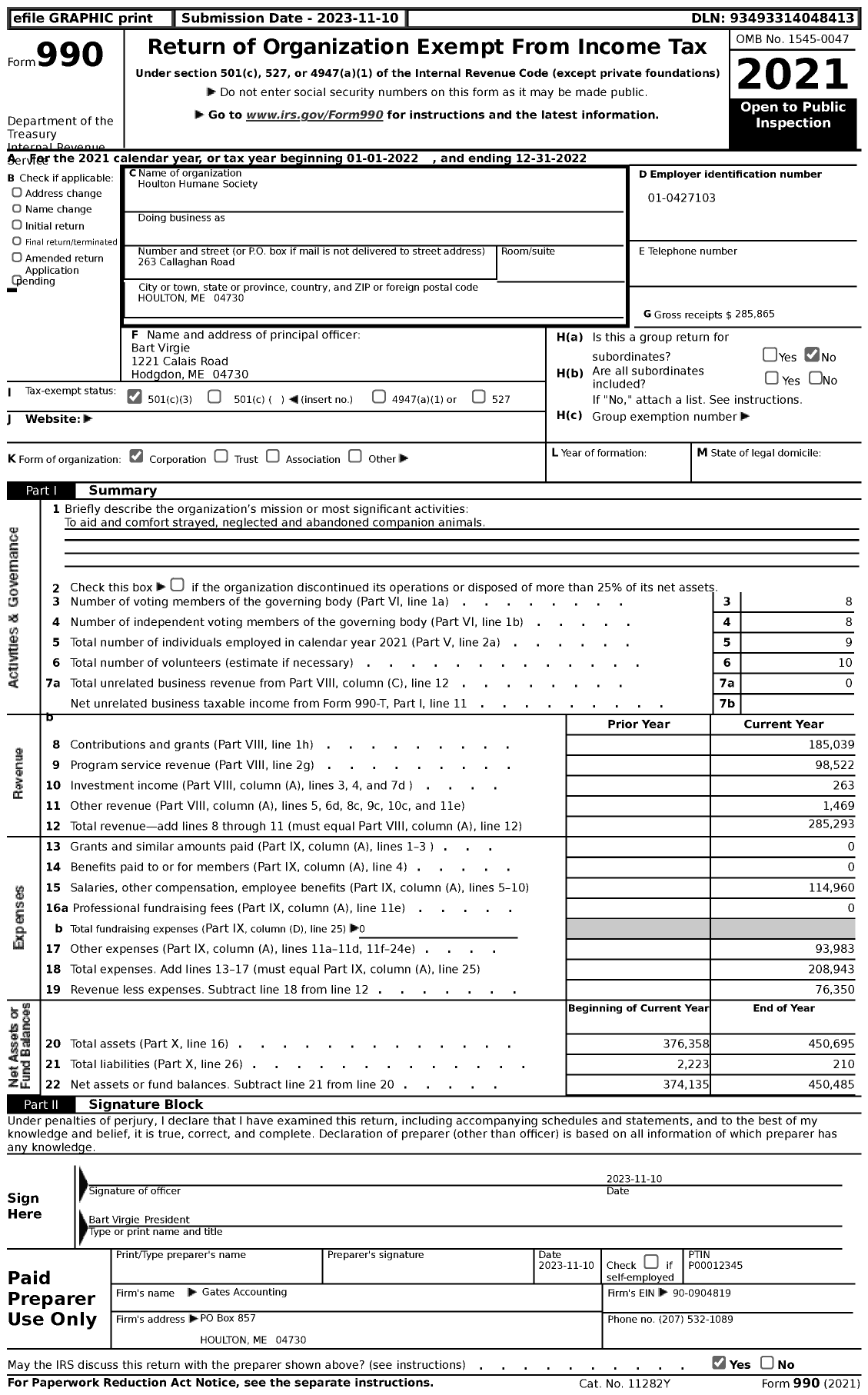 Image of first page of 2022 Form 990 for Houlton Humane Society
