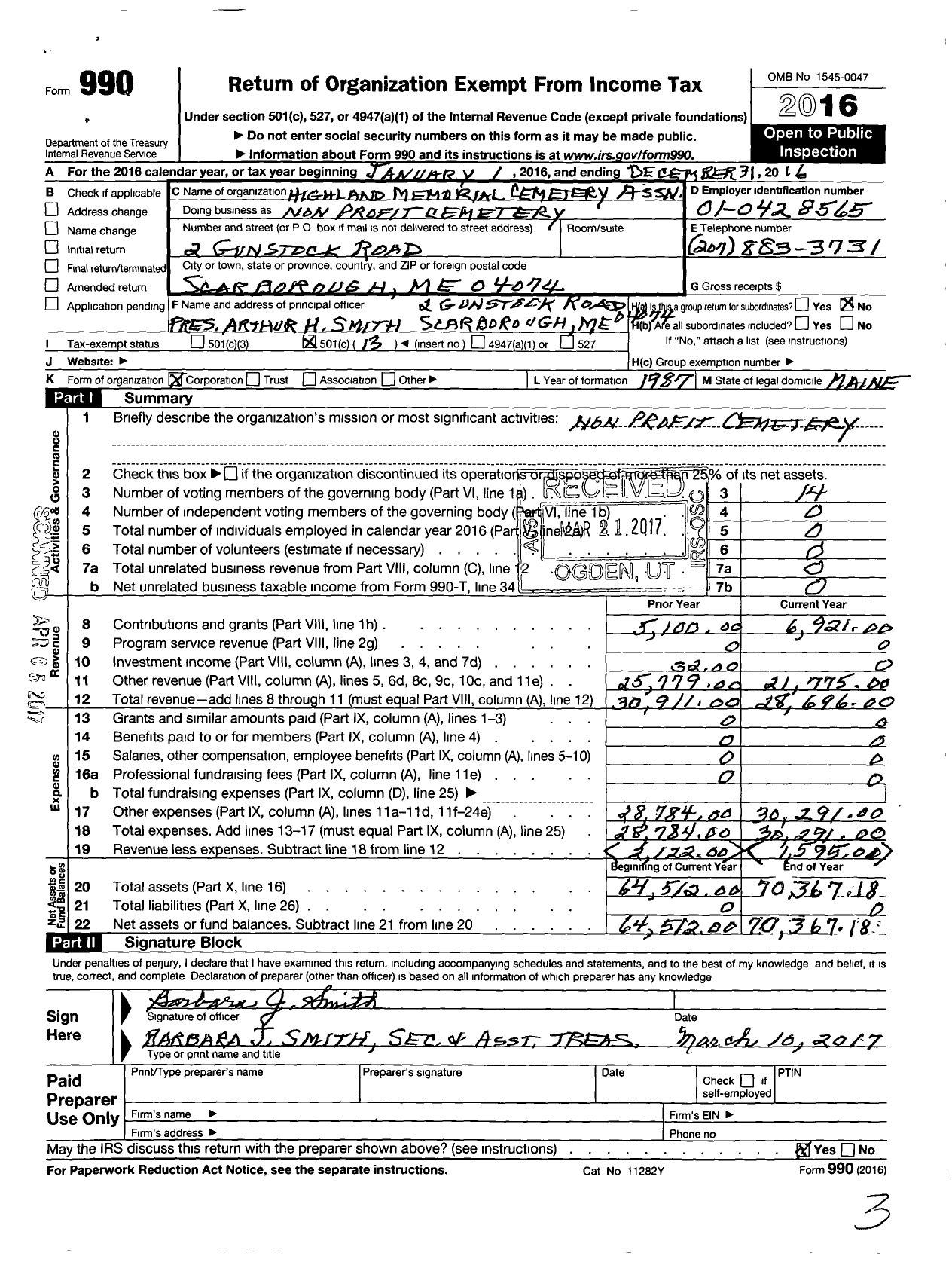 Image of first page of 2016 Form 990O for Highland Memorial Cemetary Association