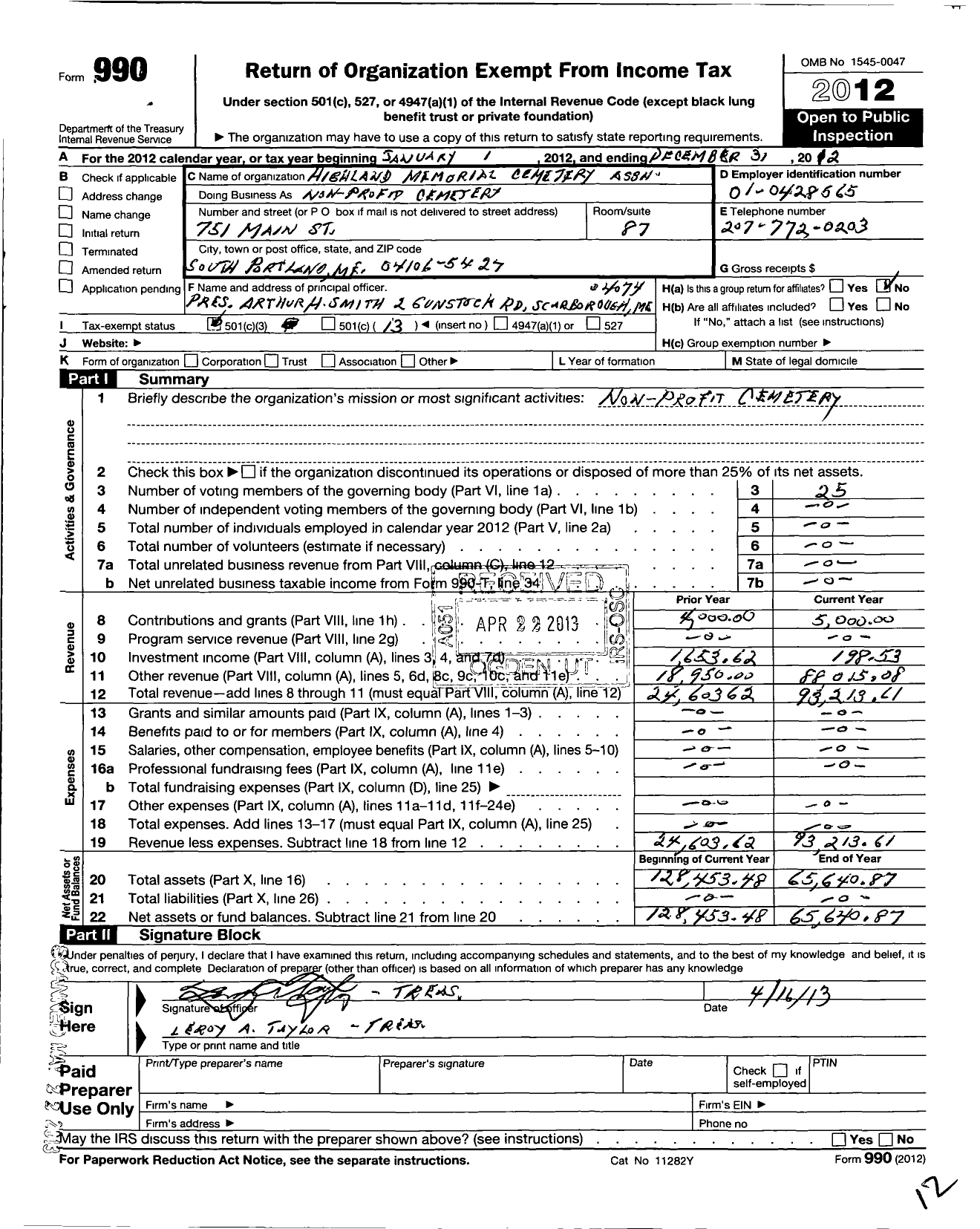 Image of first page of 2012 Form 990O for Highland Memorial Cemetary Association