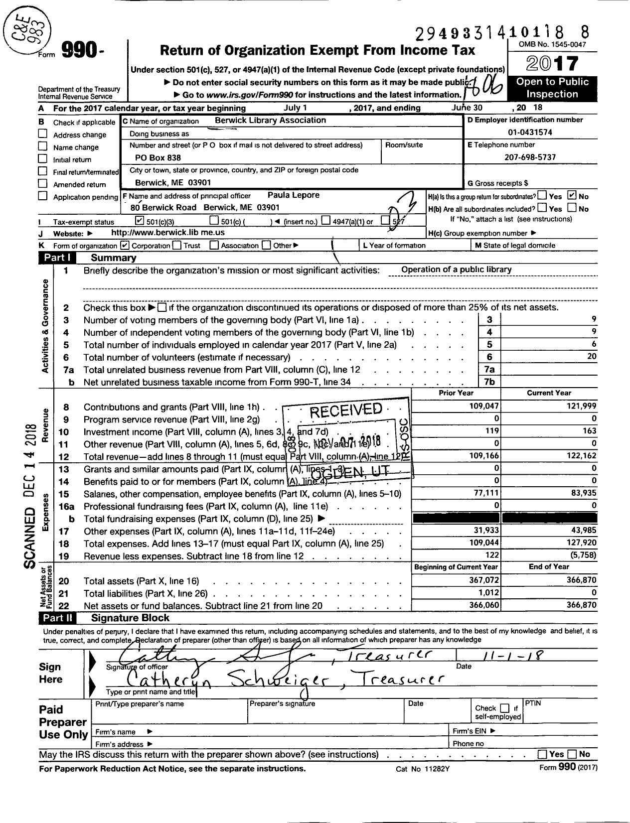 Image of first page of 2017 Form 990 for Berwick Library Association