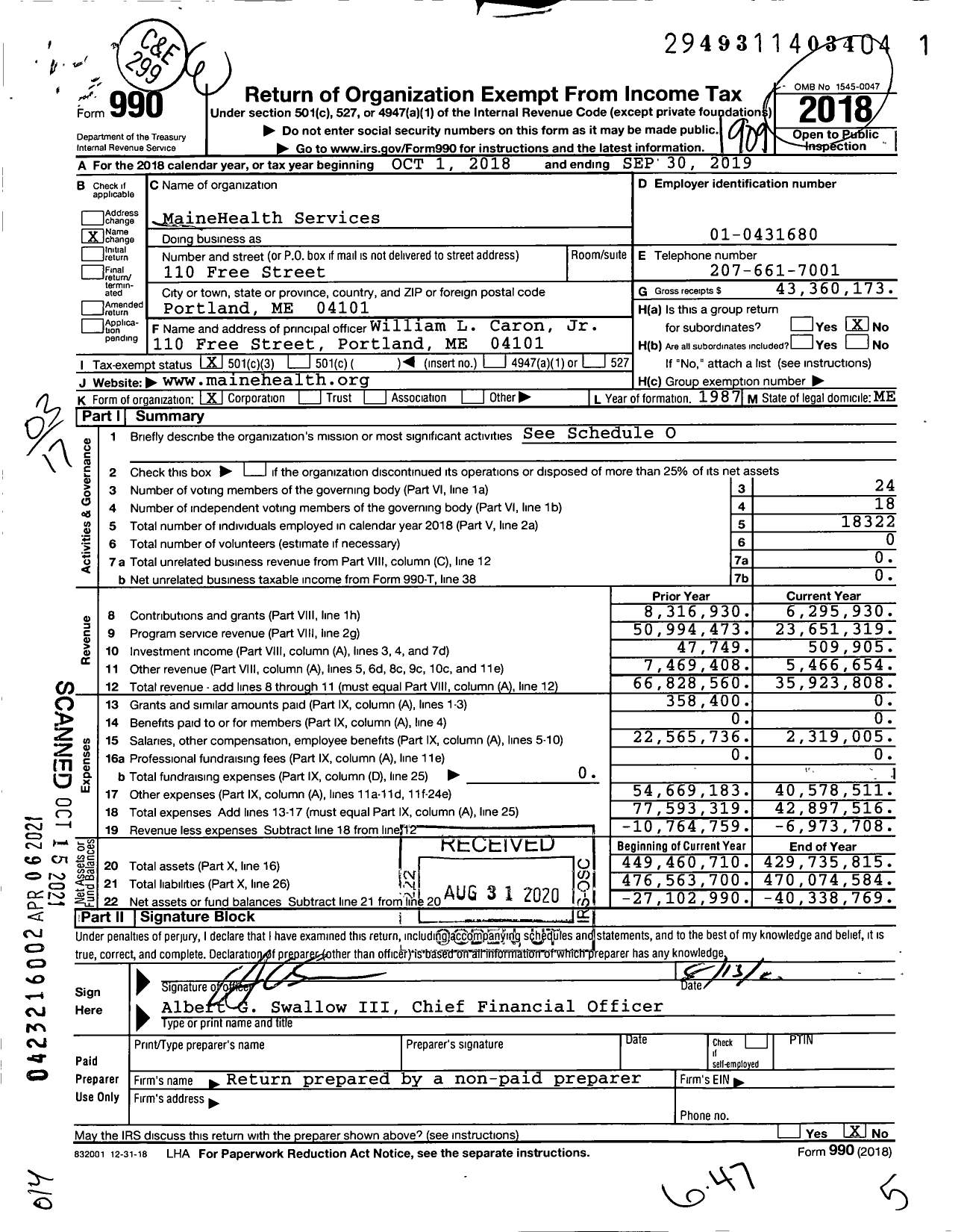 Image of first page of 2018 Form 990 for MaineHealth Services
