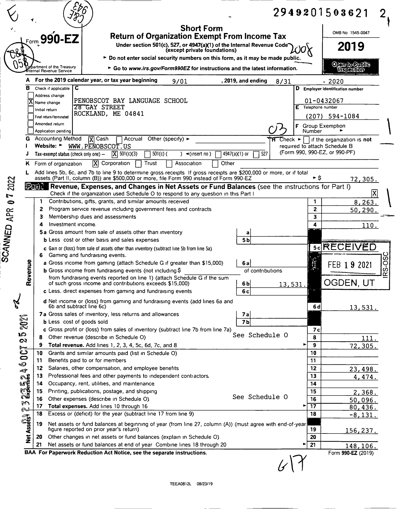 Image of first page of 2019 Form 990EZ for Penobscot Bay Language School