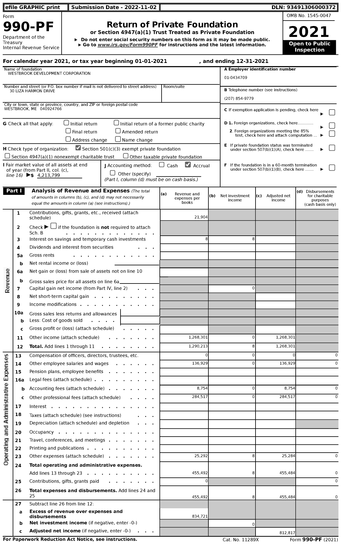 Image of first page of 2021 Form 990PF for Westbrook Development Corporation