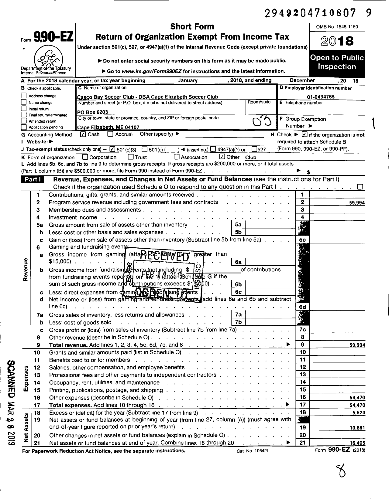 Image of first page of 2018 Form 990EZ for Casco Bay Soccer Club (CESC)