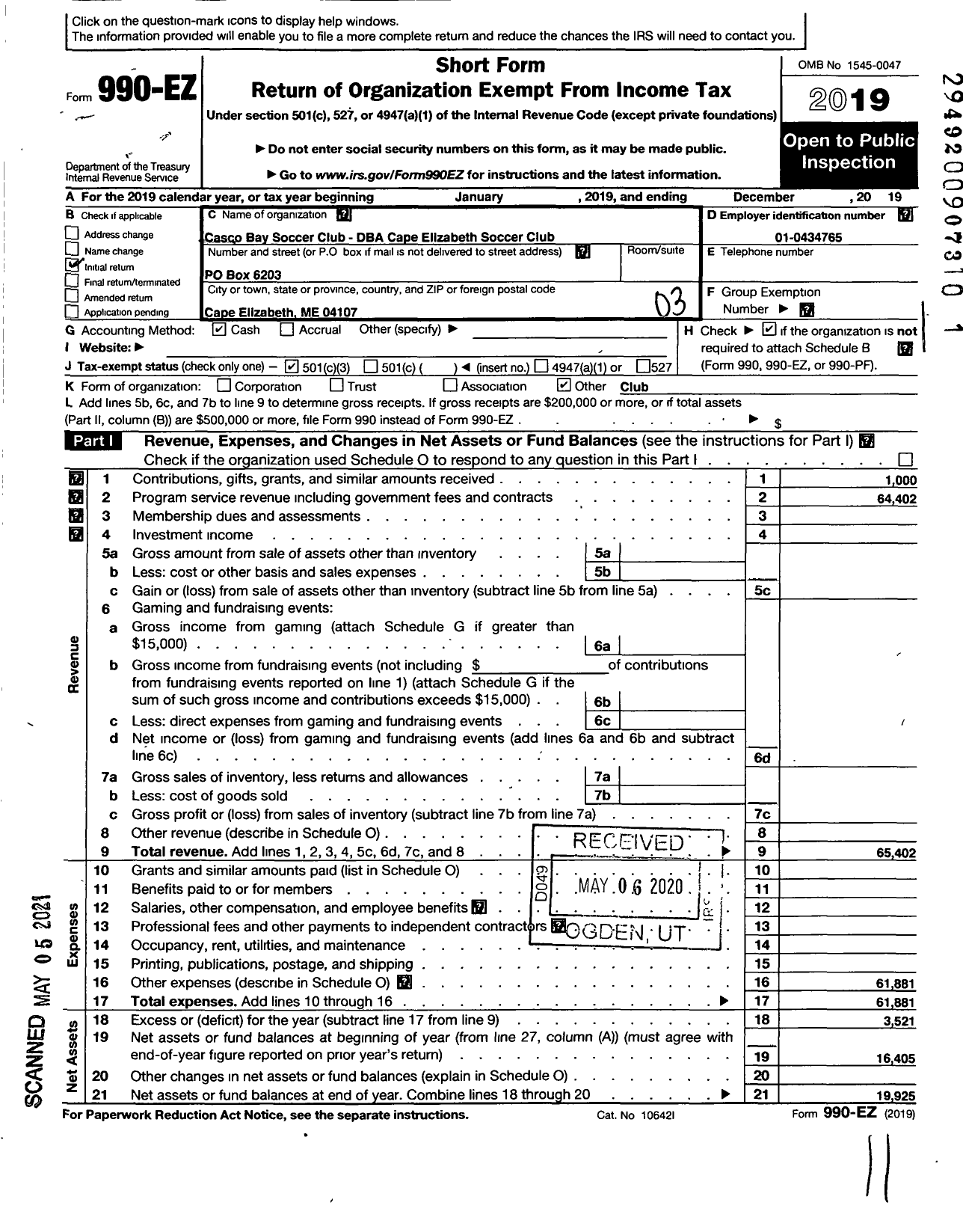 Image of first page of 2019 Form 990EZ for Casco Bay Soccer Club (CESC)