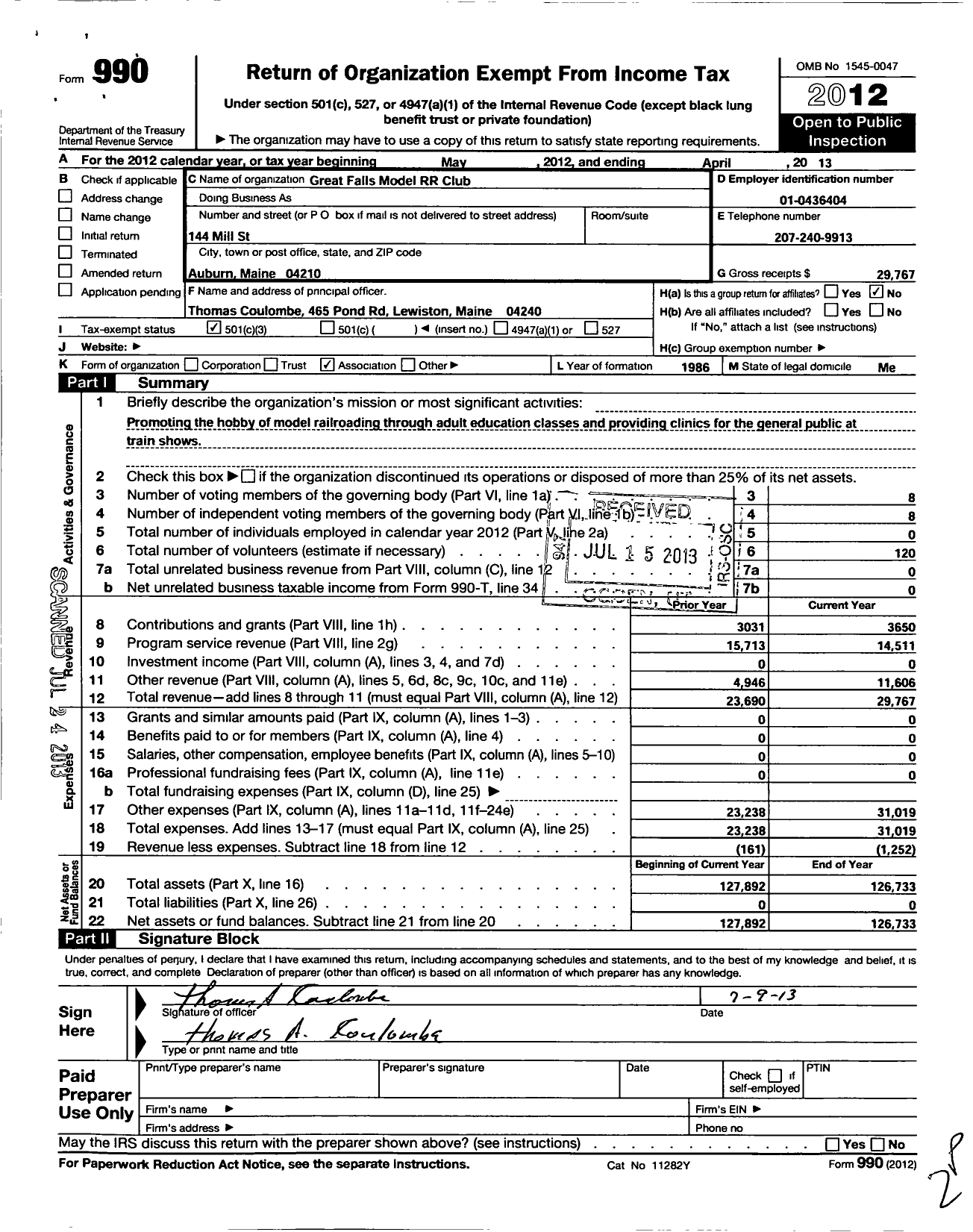 Image of first page of 2012 Form 990 for Great Falls Model Railroad Club