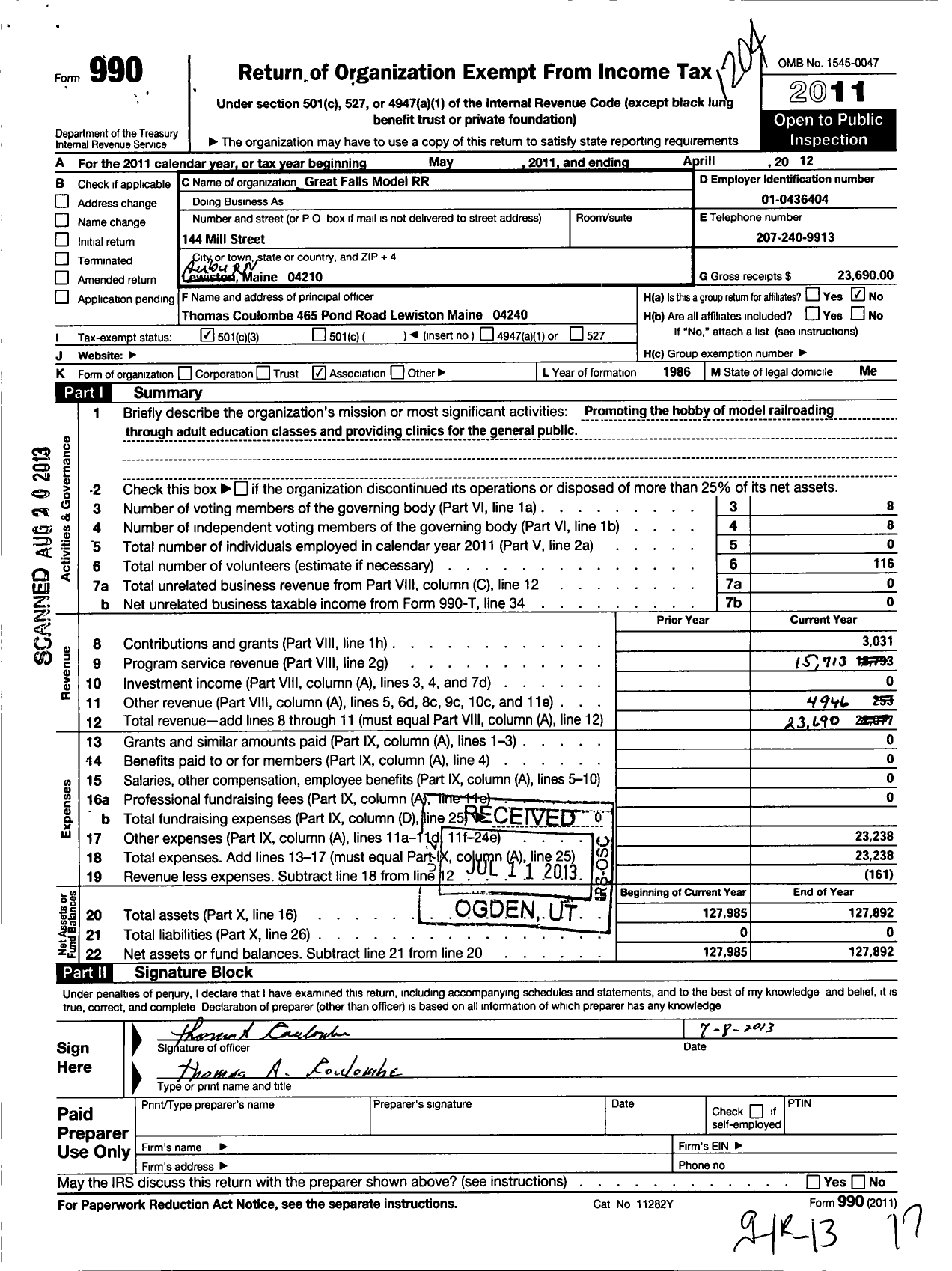 Image of first page of 2011 Form 990 for Great Falls Model Railroad Club