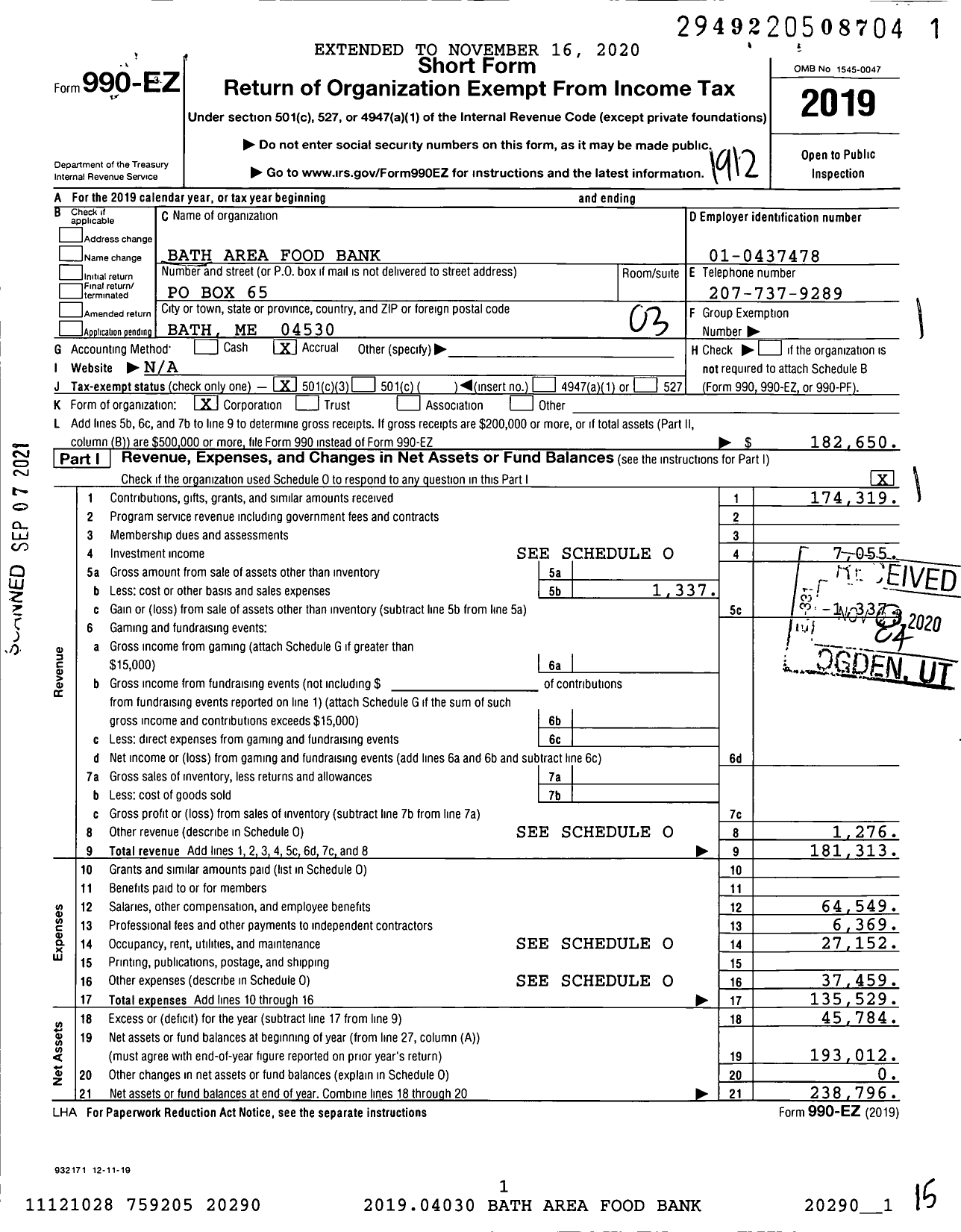 Image of first page of 2019 Form 990EZ for Bath Area Food Bank