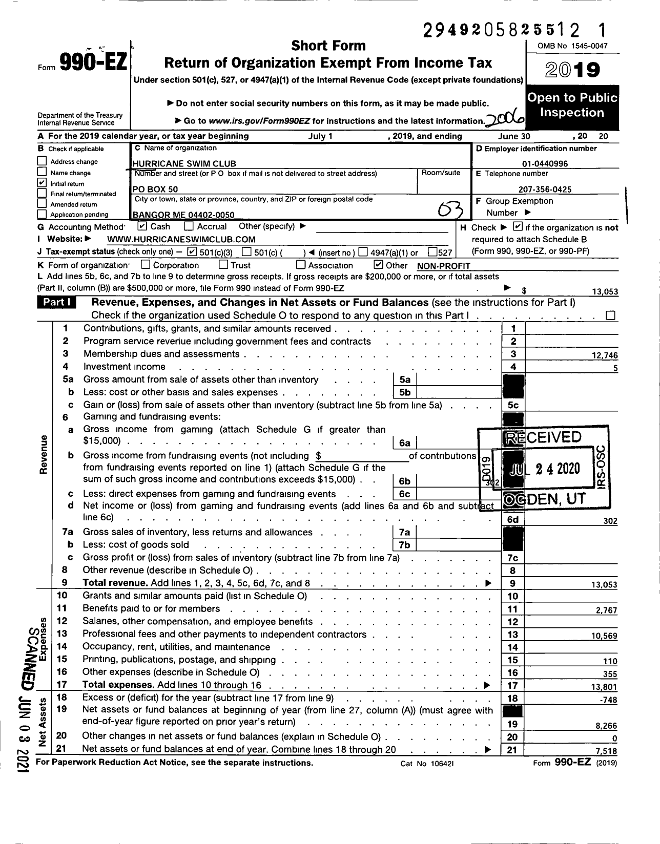 Image of first page of 2019 Form 990EZ for Hurricane Swim Club